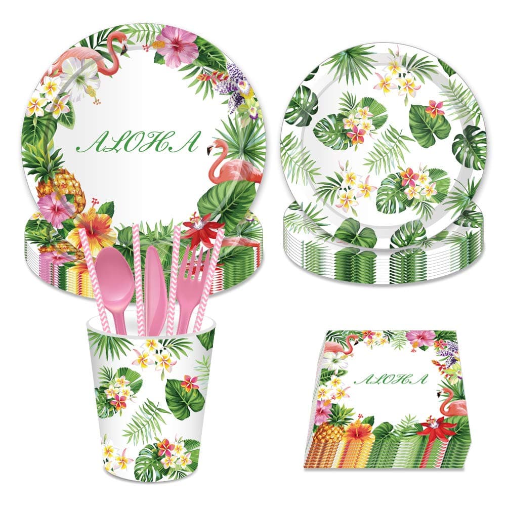 Flamingo Party Supplies,Aloha Party Supplies–Serves 16–Includes Flamingo Paper Plates,Cups,Napkins and Straw for Flamingo Party,Luau Party, Hawaiian Party,1st Birthday,Baby Shower,Picnic,Thanksgiving,Christmas and Happy New Year(113Pcs)