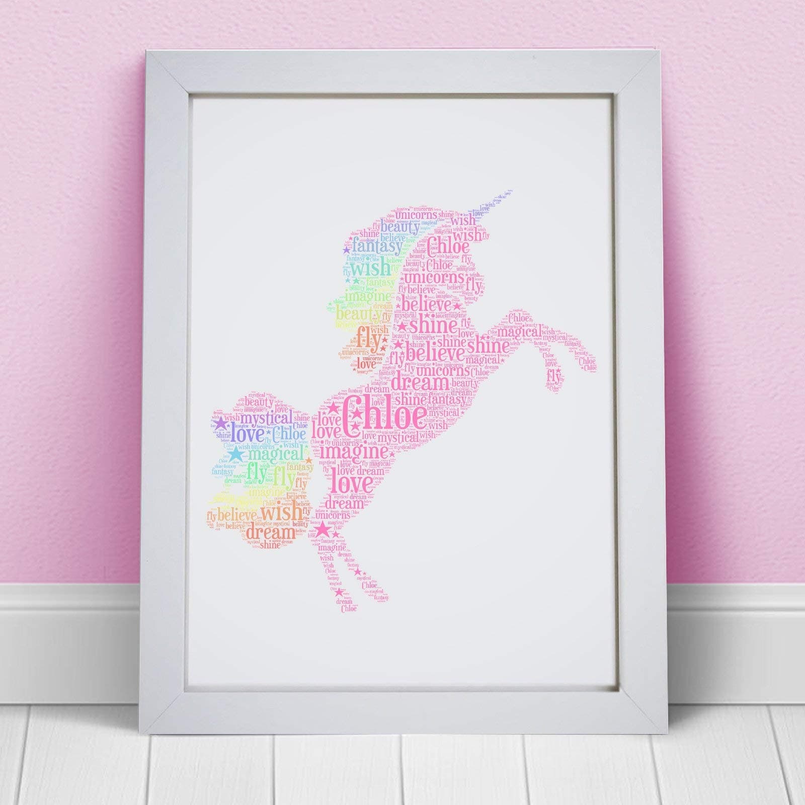 Personalised Rainbow Unicorn Word Art Print - Unicorn Girls Name Bedroom Wall Art Gift - A5, A4, A3 Poster, Prints With Framed Option