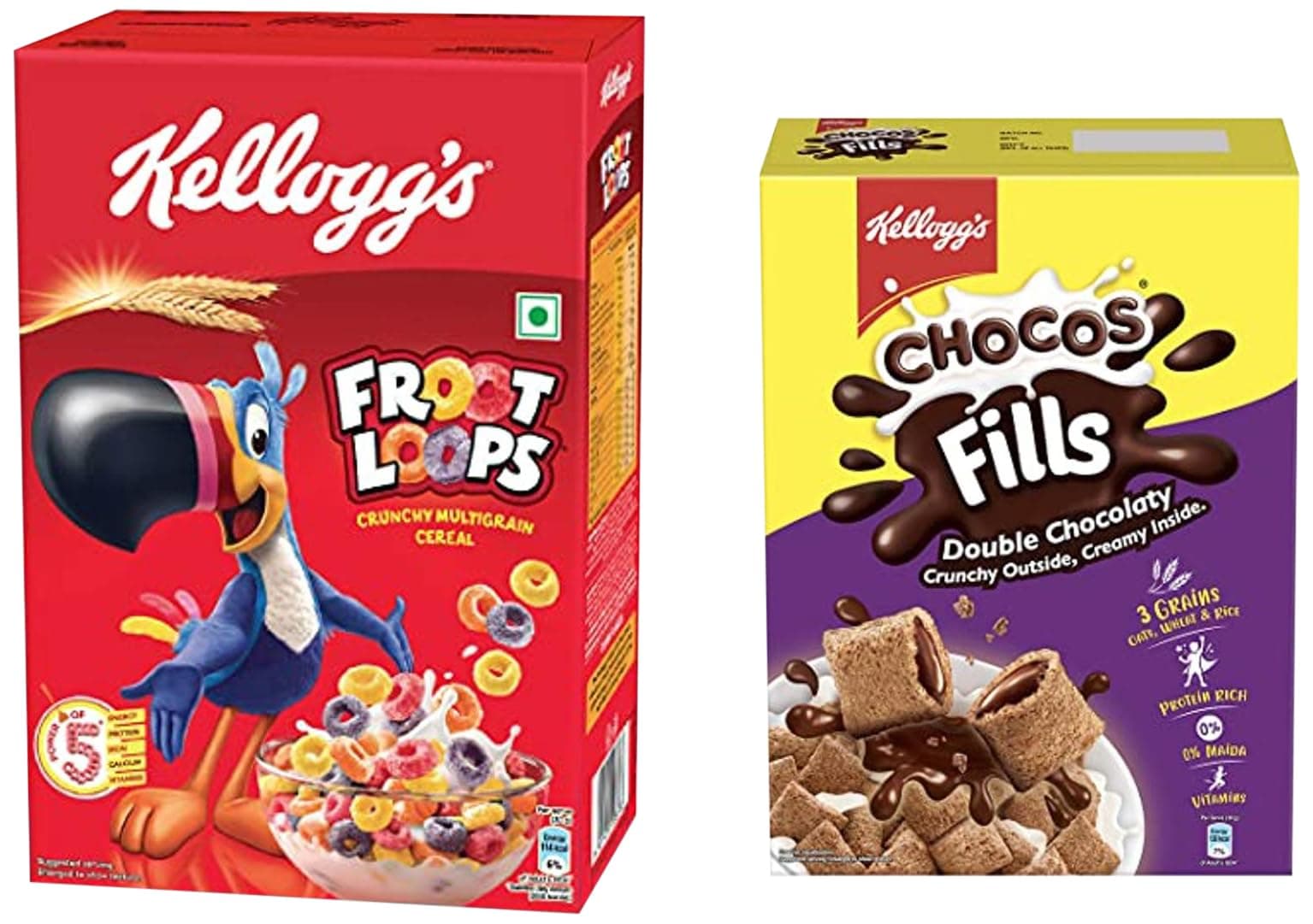 Kellogg's Chocos Fills, Double Chocolaty, Anytime Snack, 250G & New Kellogg's Froot Loops, Crunchy Multigrain Breakfast Cereal, Mixed Fruit Flavo, 285G Pack