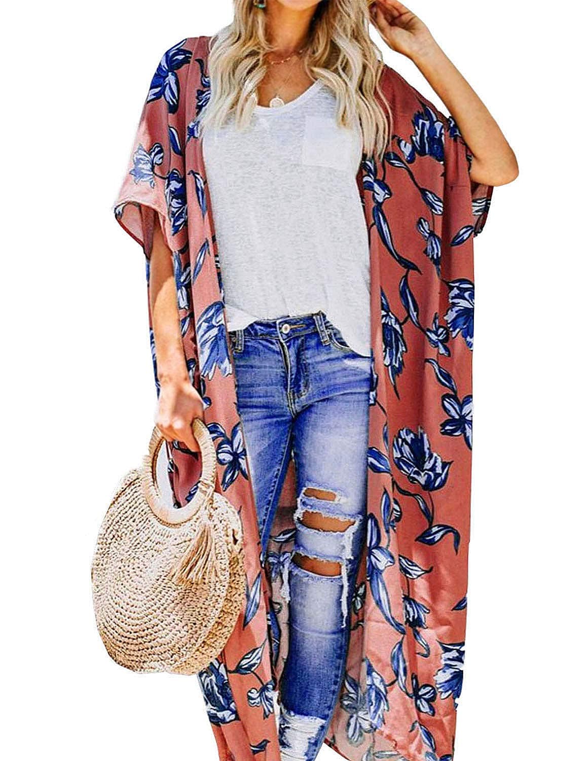 ChainJoy Women's Summer Beach Boho Chiffon Kimono Cardigans Sheer Open Front Cover Ups Tops