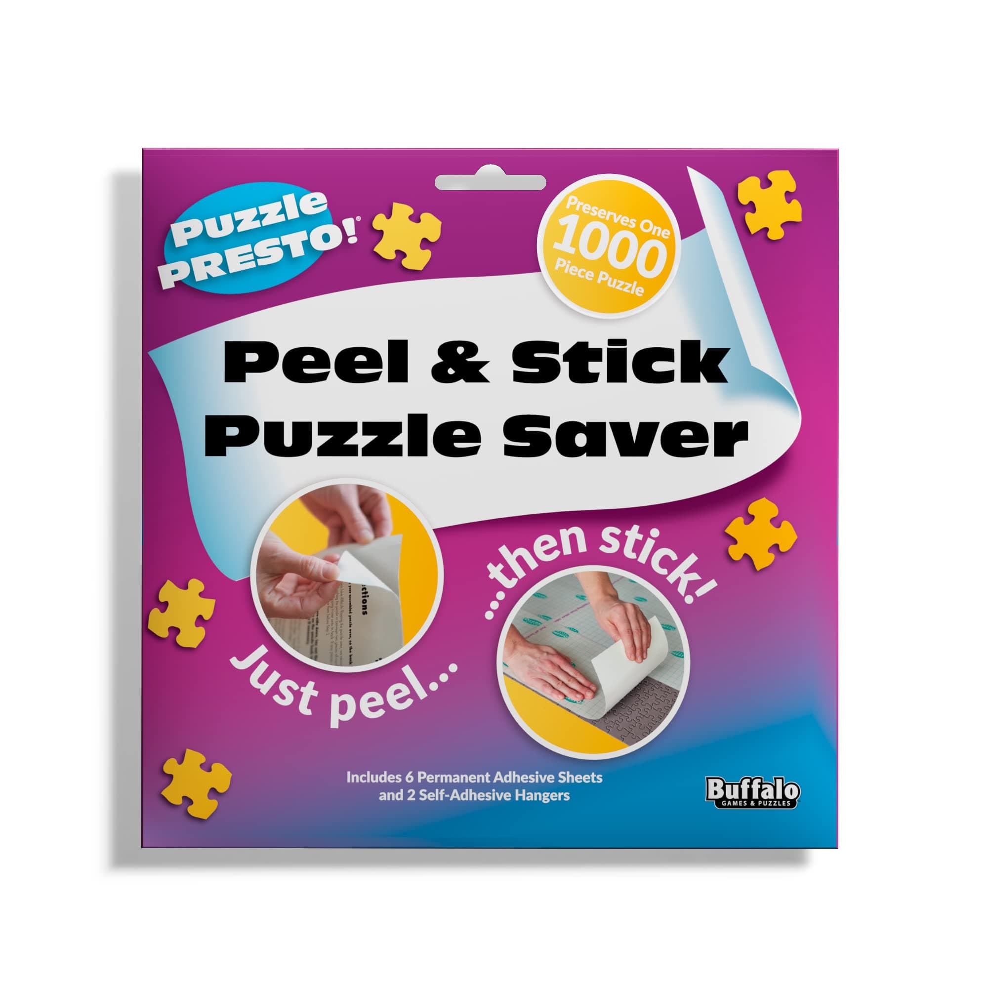 Puzzle Presto Peel & Stick Saver: The Original and Still the Best Way to Preserve Your Finished Puzzle! - 6 Adhesive Sheets and 2 Adhesive Hangers
