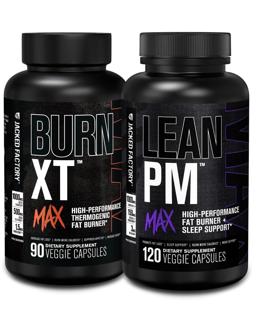 Jacked Factory Burn-XT Max - Thermogenic Fat Burner & Appetite Suppressant (90 Capsules) & Lean PM Max High-Performance Weight Loss, Fat Burner, & Appetite Suppressant (120 Capsules)