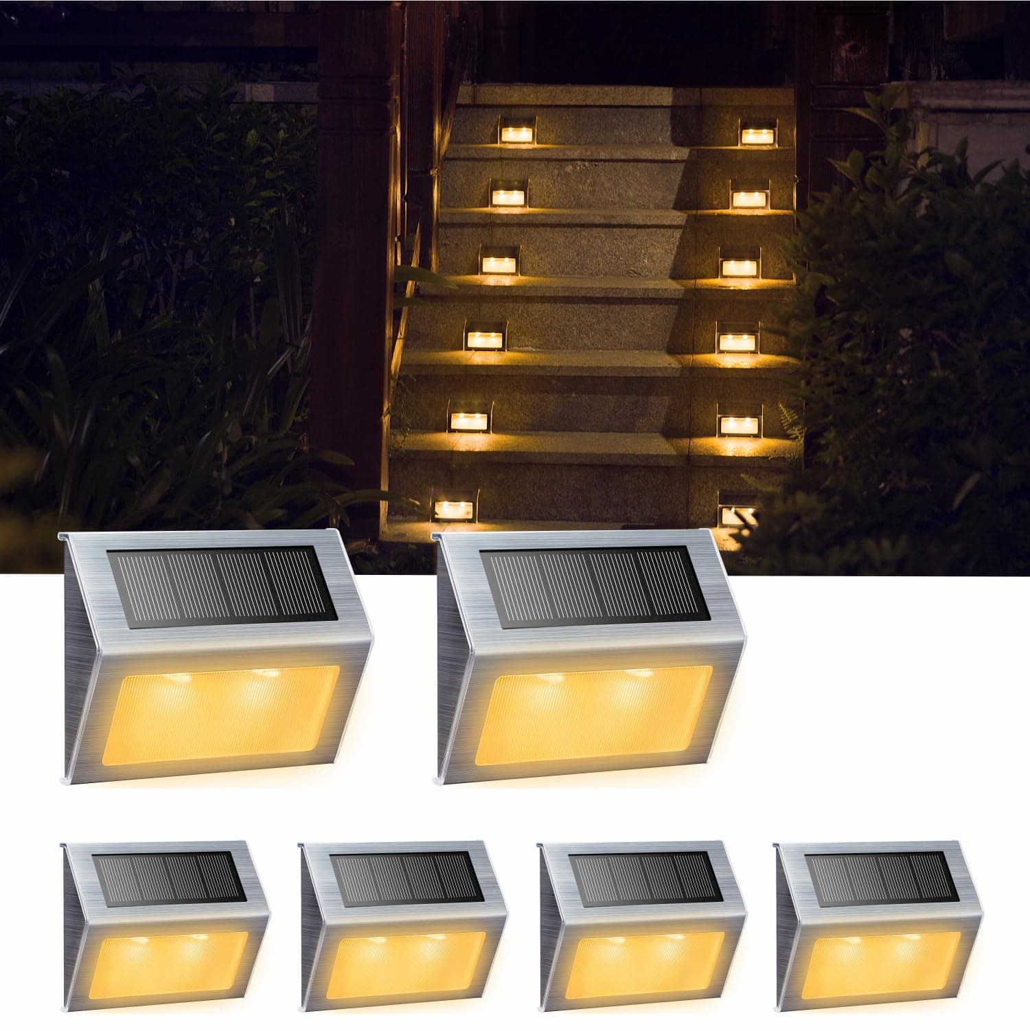 XLUX Solar Lights for Steps Decks Pathway Yard Stairs Fences, LED lamp, Outdoor Waterproof, Warm Light, 6 Pack