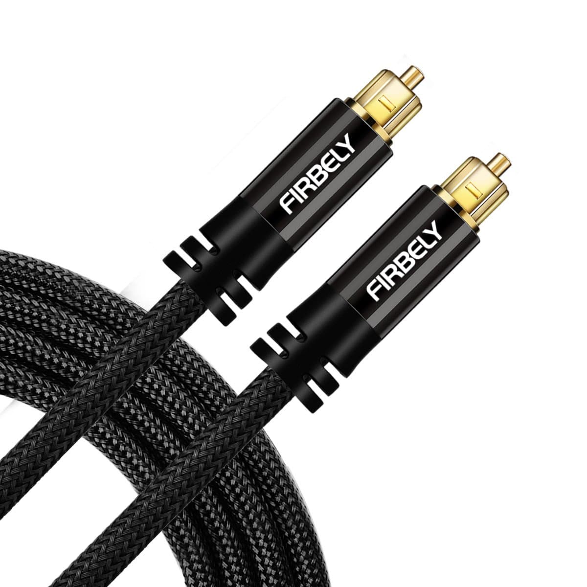 FIRBELYDigital Toslink Cable Optical Audio Cable-S/PDIF Fiber Optic with Metal Connectors Braided Jacket Black Cable for Sound Bar/TV Speakers 10 feet