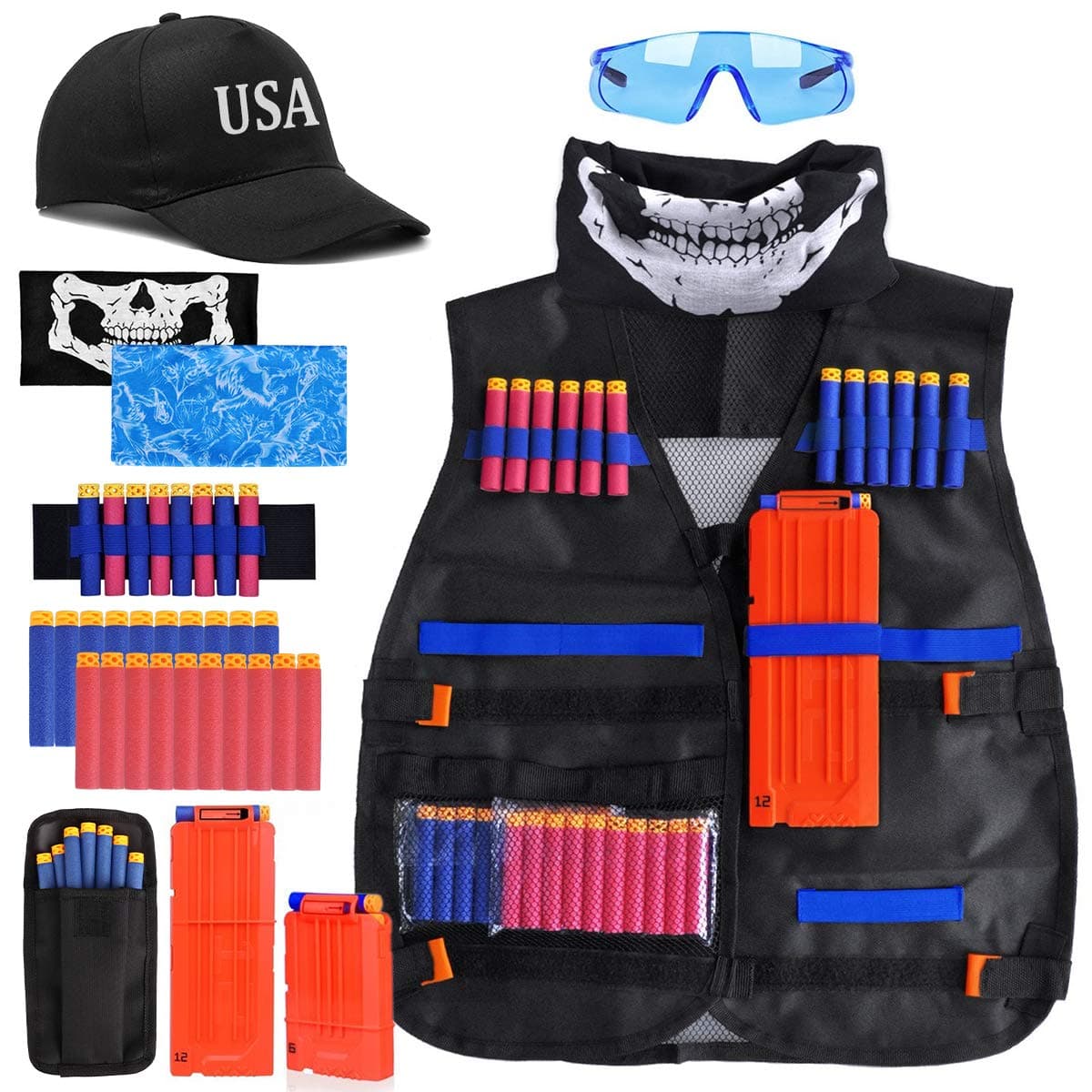 Tactical Vest Kit - Kids Tactical Jacket Vest for Nerf Guns N-Strike Elite Series with Tactical Face Mask, 2 Reload Clips, Wrist Band, Safety Glasses and Foam Bullets Darts for Boys Age 7 8 9 10