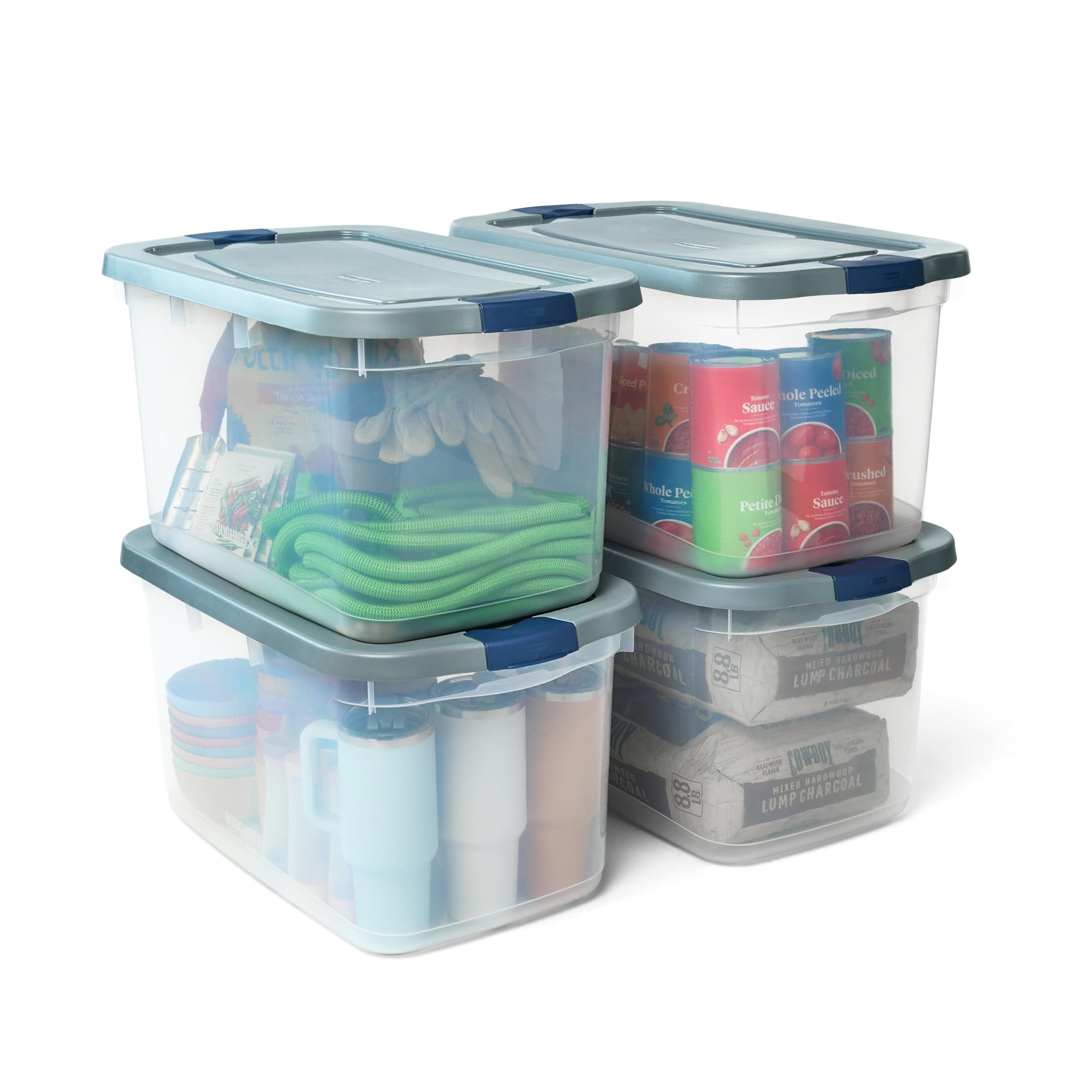 Roughneck Clear 66 Qt/16.5 Gal Storage Containers, Pack of 4 with Latching Grey Lids, Visible Base, Sturdy and Stackable, Great for Storage and Organization