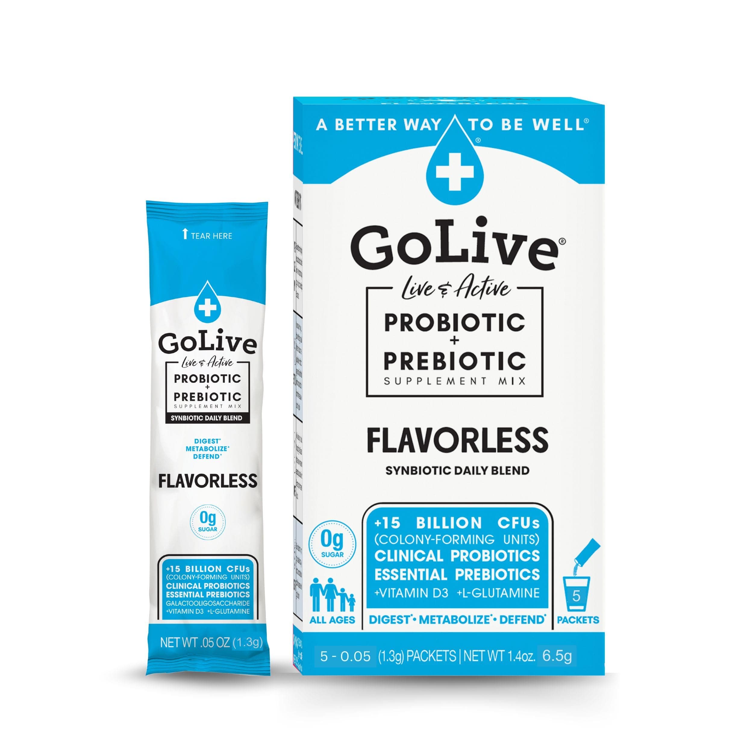 GoLive Probiotics & Prebiotics FLAVORLESS/SUGARLESS Synbiotic Powder, Probiotics + Prebiotics for Women, Men & Kids +15 Billion CFUs, 15 Clinical Strains for Immune & Digestive Health. 5's pack
