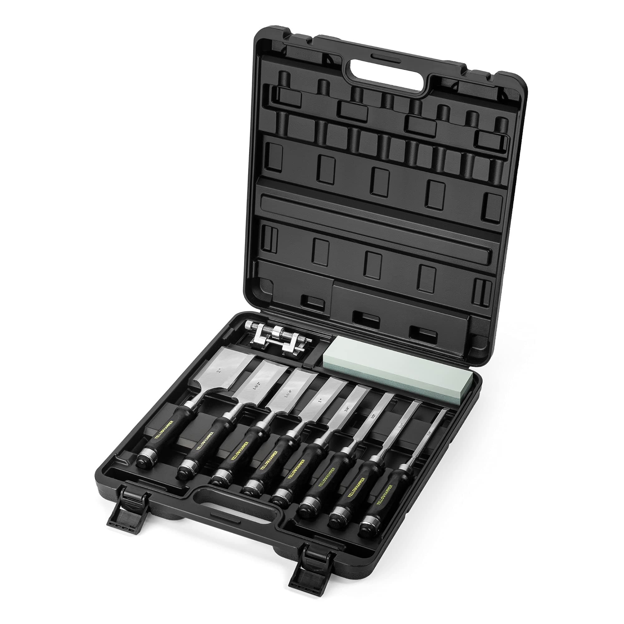 YellowhammerWood Chisel Set of 10 Includes 8 Chisels (1/4, 3/8, 1/2, 3/4, 1, 1-1/4, 1-1/2, 2), Honing Guide and Silicon Carbide Sharpening Stone (180/400 grit) in Attractive Case