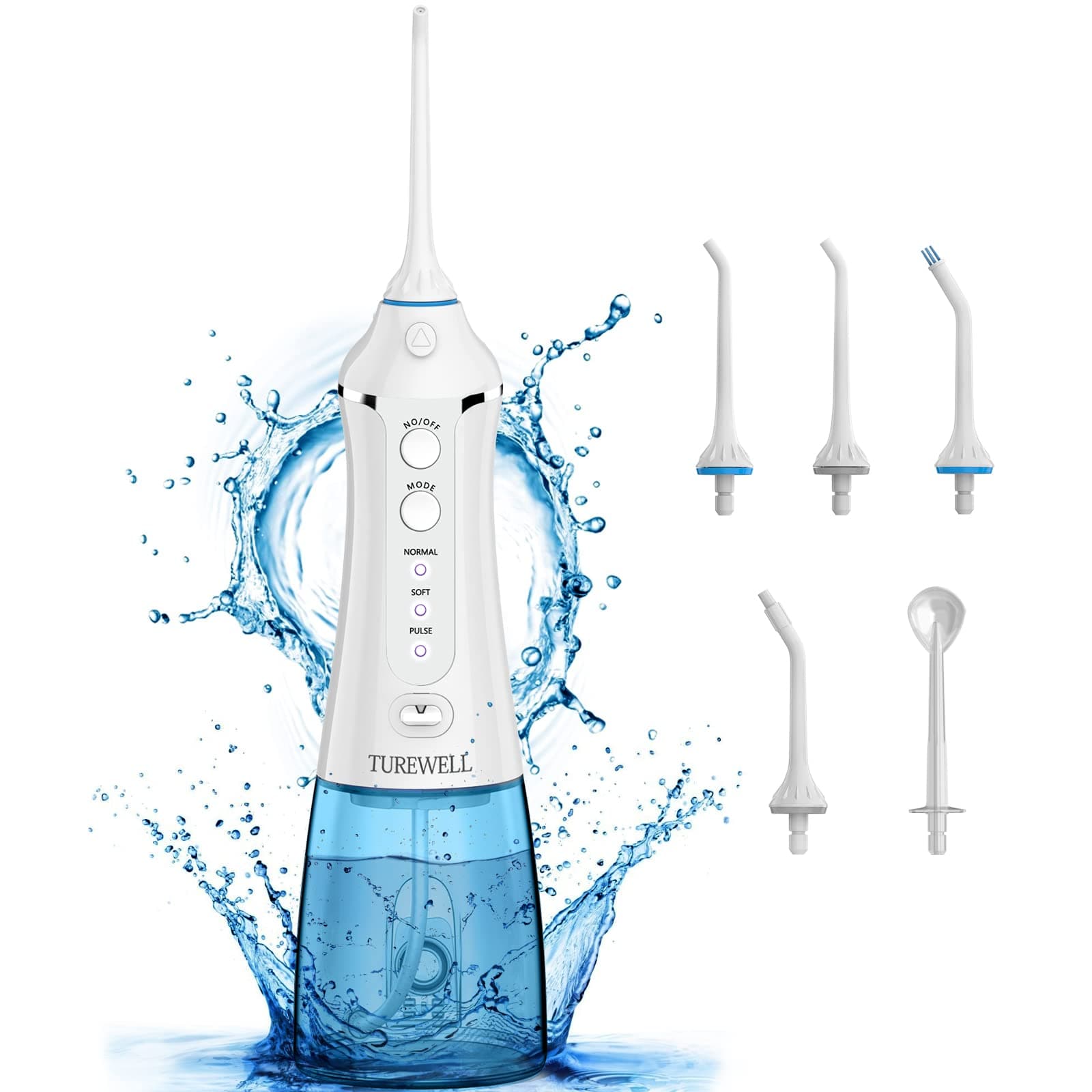 TUREWELL Water Flosser Cordless Dental Oral Irrigator - TUREWELL 300ML Portable and Rechargeable IPX7 Waterproof Teeth Cleaner with 3 Modes and 5 Nozzles, for Travel & Family Use