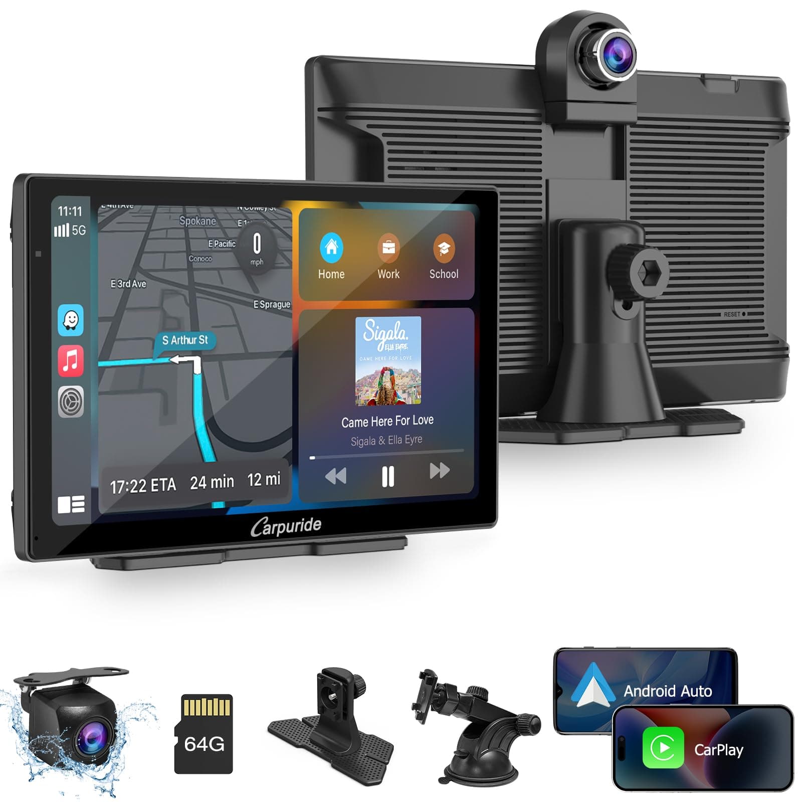 W905 Portable Carplay & Android Auto, 9'' Touch Carplay Screen for Car, 4K Dash Cam,1080p Backup Camera, Car Play Navigation with Mirror Link/Siri/FM/Bluetooth/Light Sensor, for 12-24V