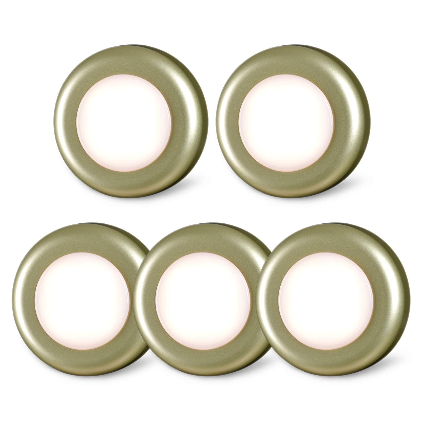 STAR-SPANGLED Tap Light Push Lights, Stick on LED Touch Puck Light AAA Battery Operated, Press Spot Lighting Indoor for Under Cupboard, Wardrobe, Cabinet, Kitchen (2.8inch, Golden, Warm White, 5 Pack)