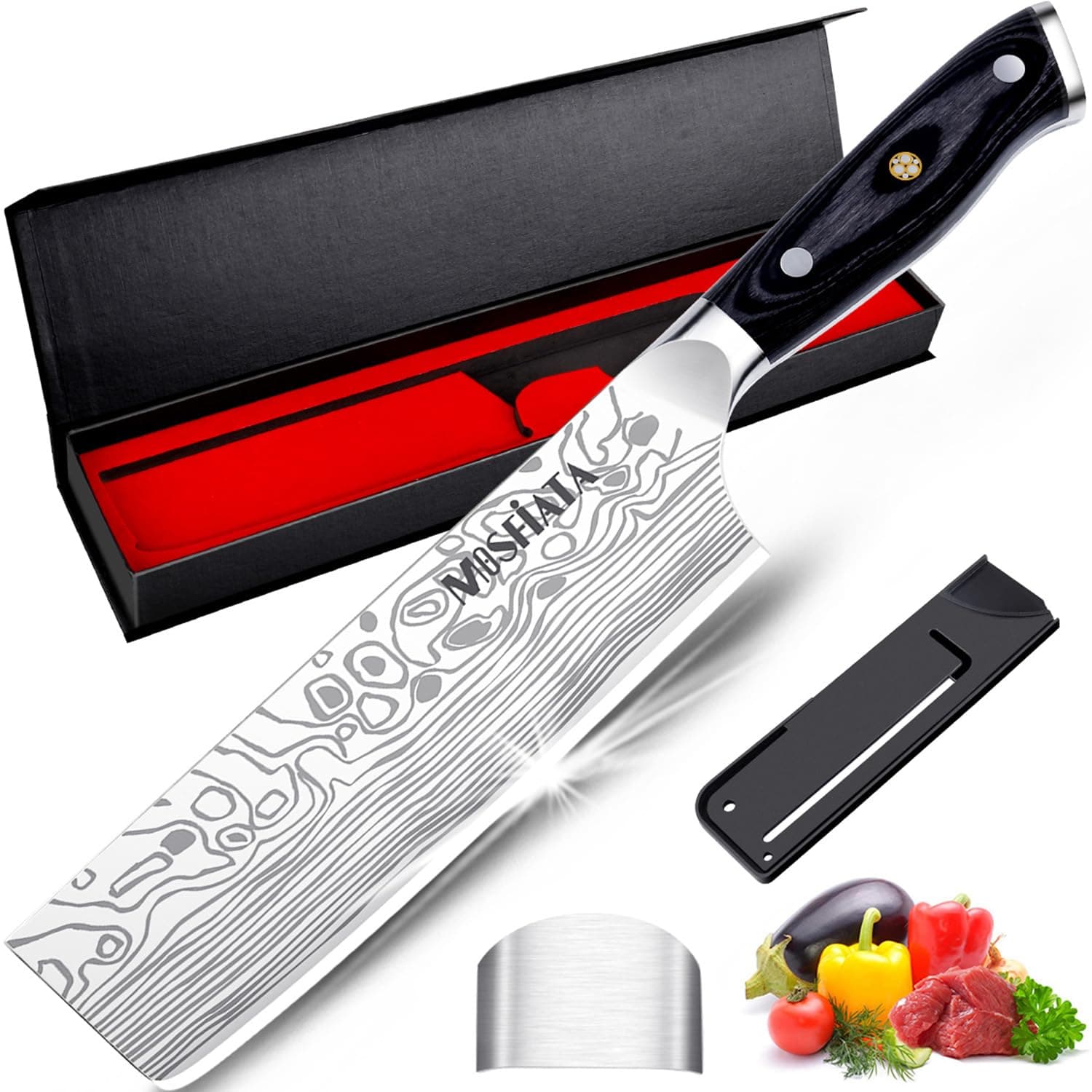 MOSFiATA Nakiri Knife 7inch, Professional Japanese Chef's Kitchen Knives, High Carbon German Stainless Steel Sharp Cooking Knife, Multipurpose Meat Vegetable Chopping Knife Set with Finger Guard Gift