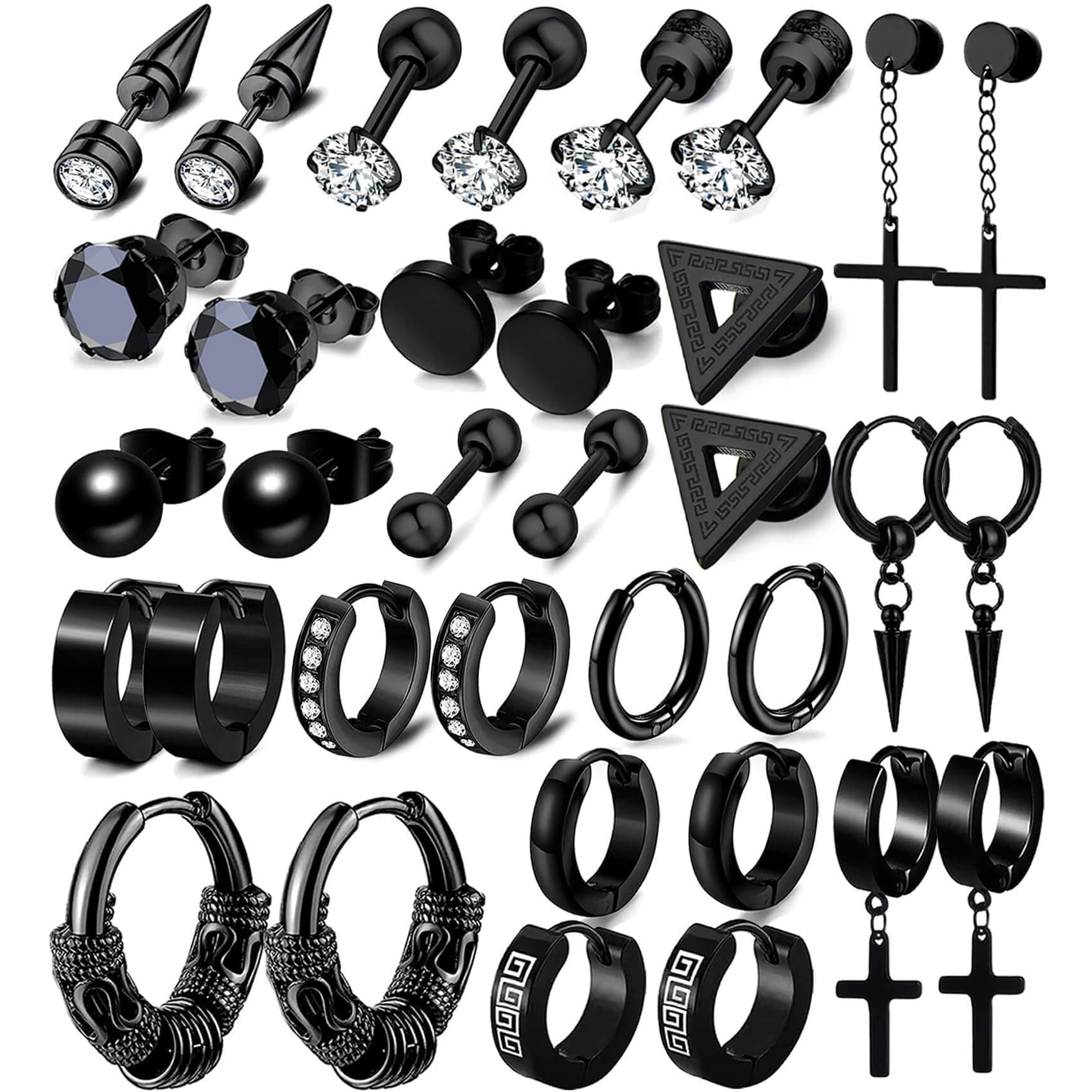 17 Pairs Earrings for Men, Stainless Steel Earrings For Men Sensitive Skin, Fashion Earring Piercing Jewelry Cross Dangle Hoop Earrings Kit Studs Long-lasting Shine