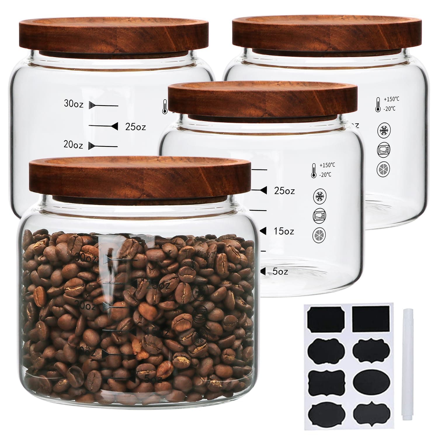Glass Jars,Set of 4 Glass Food Storage Containers with Wooden Lids,Clear Glass Canister Sets for Sugar,Tea,Coffee,Snack,Spice,Herbs(33 oz/ 1000 ml)