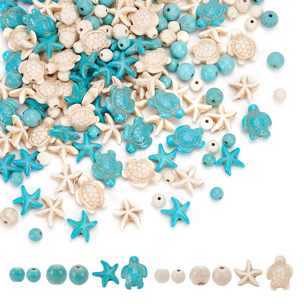 arricraft About 227 Pcs Ocean Sea Theme Turquoise Beads, 3 Styles 2 Colors Assorted Turtle & Starfish & Round Beads Dyed Animal Stone Strand Beads Charms for Earrings Necklace Making