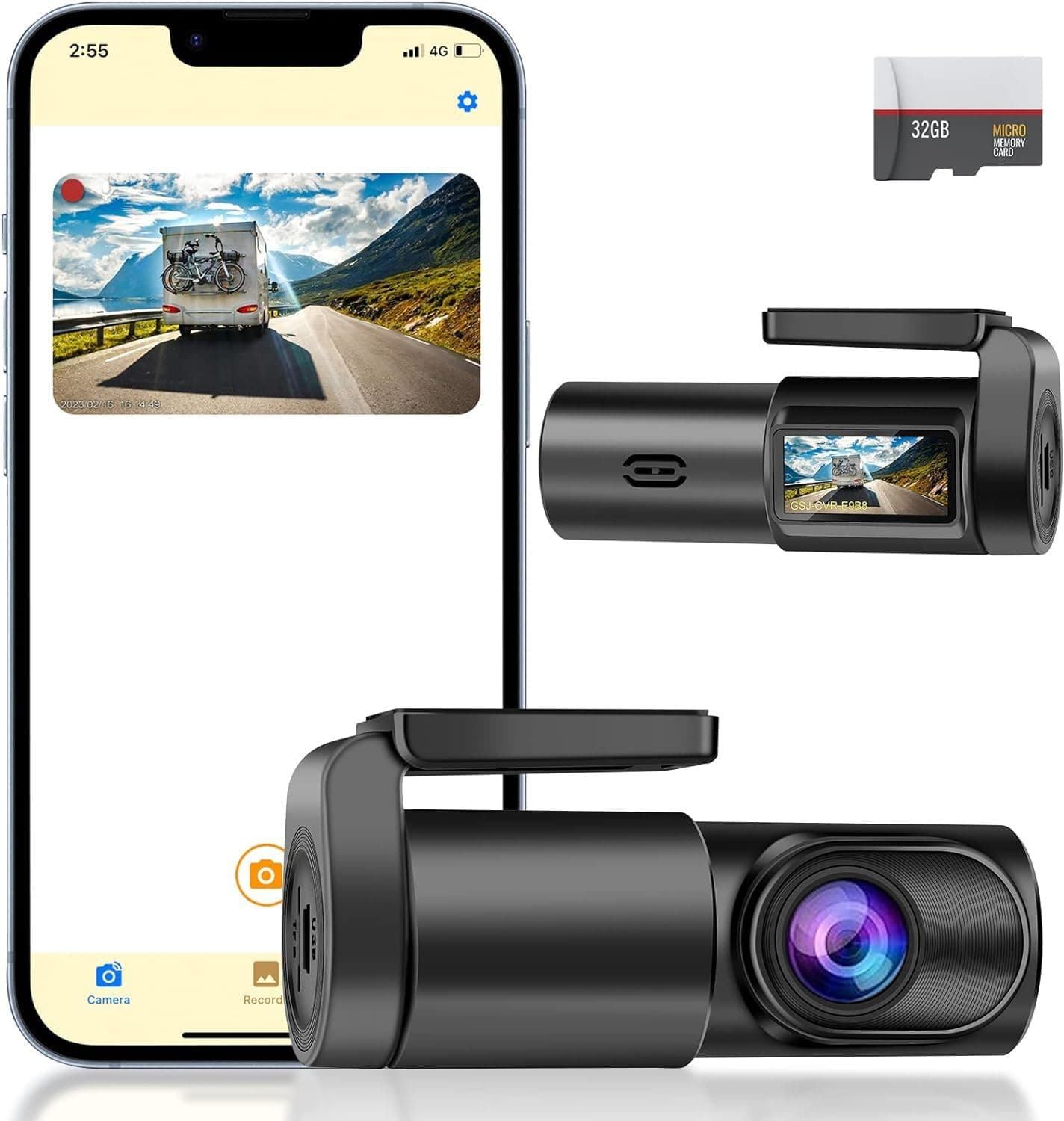 Dash Cam for Cars with 32GB Micro SD Card, Wi-Fi Car Dash Camera, HD 30fps Dashcam for cars with APP, Night Vision, WDR, 140° Wide Angle, Video Recording, 360 Degree Rotating Dashboard Camera - Black