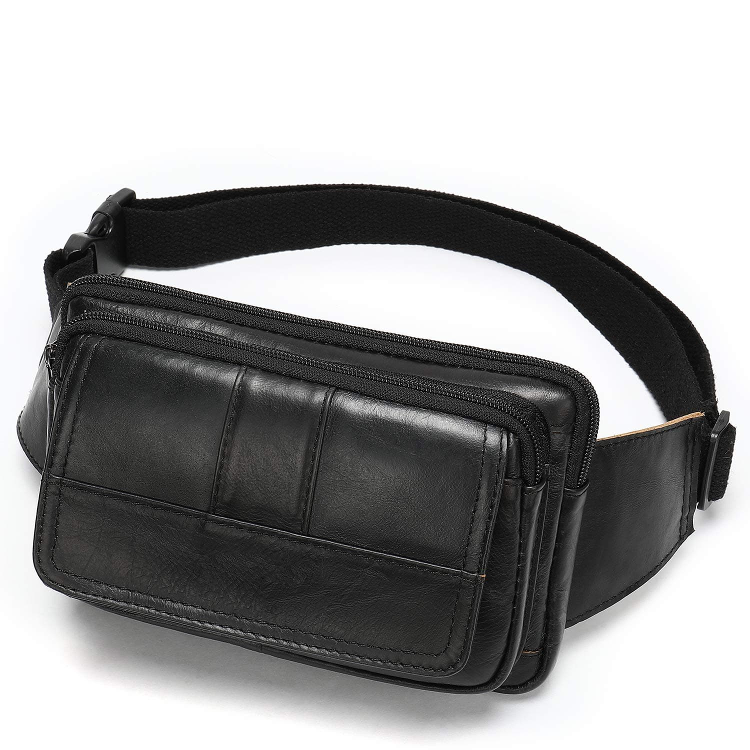 Fanny Pack for Men and Women, Leather Sling Waist Bag for Hiking Running Travel - Durable Cowhide Leather, Black,