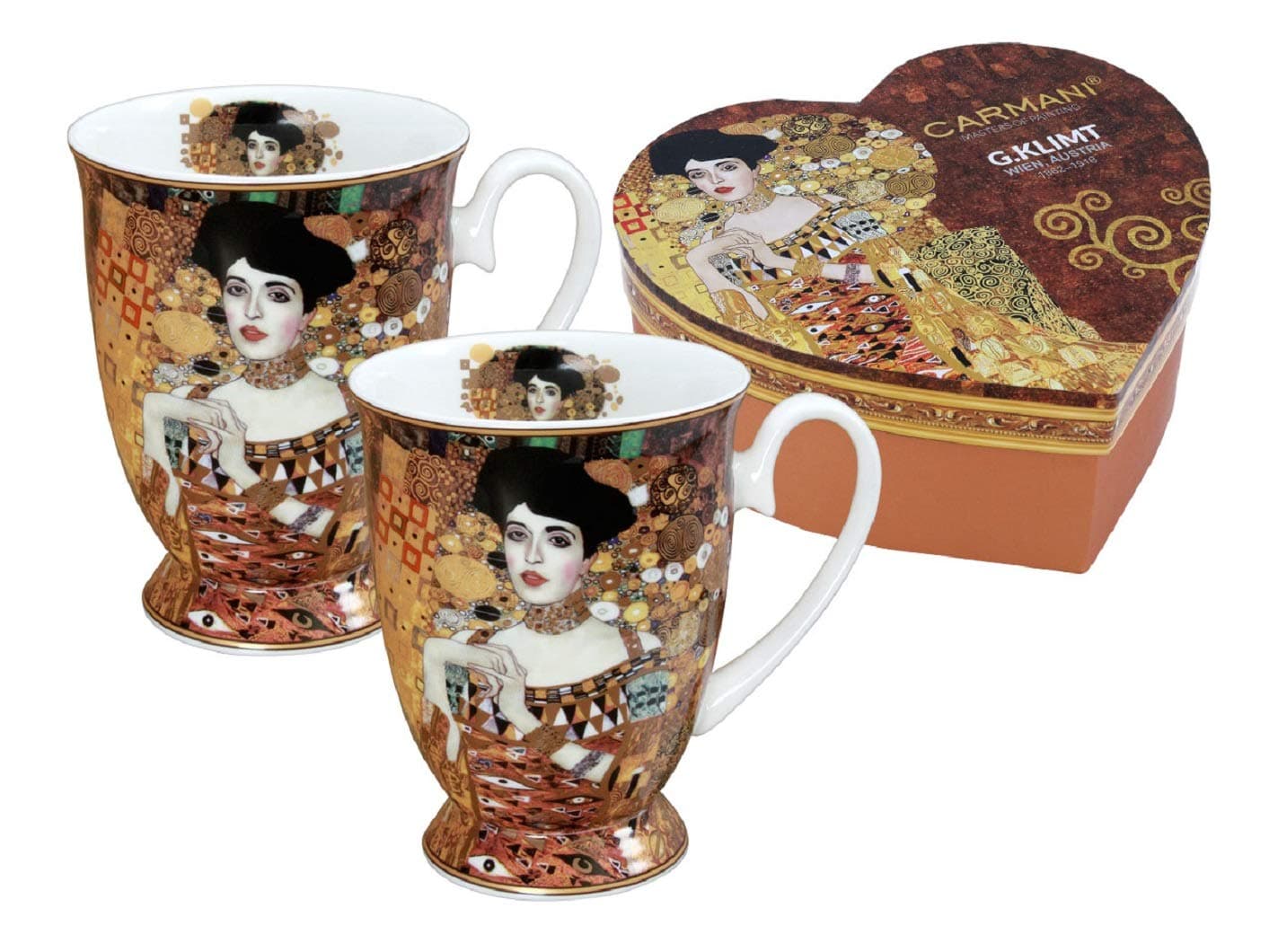 Carmani 12 oz Mug Set for Tea or Coffee, Porcelain Coffee Mug With G.Klimt Adela Painting, Cup Set in a Heart Box, Set of 2