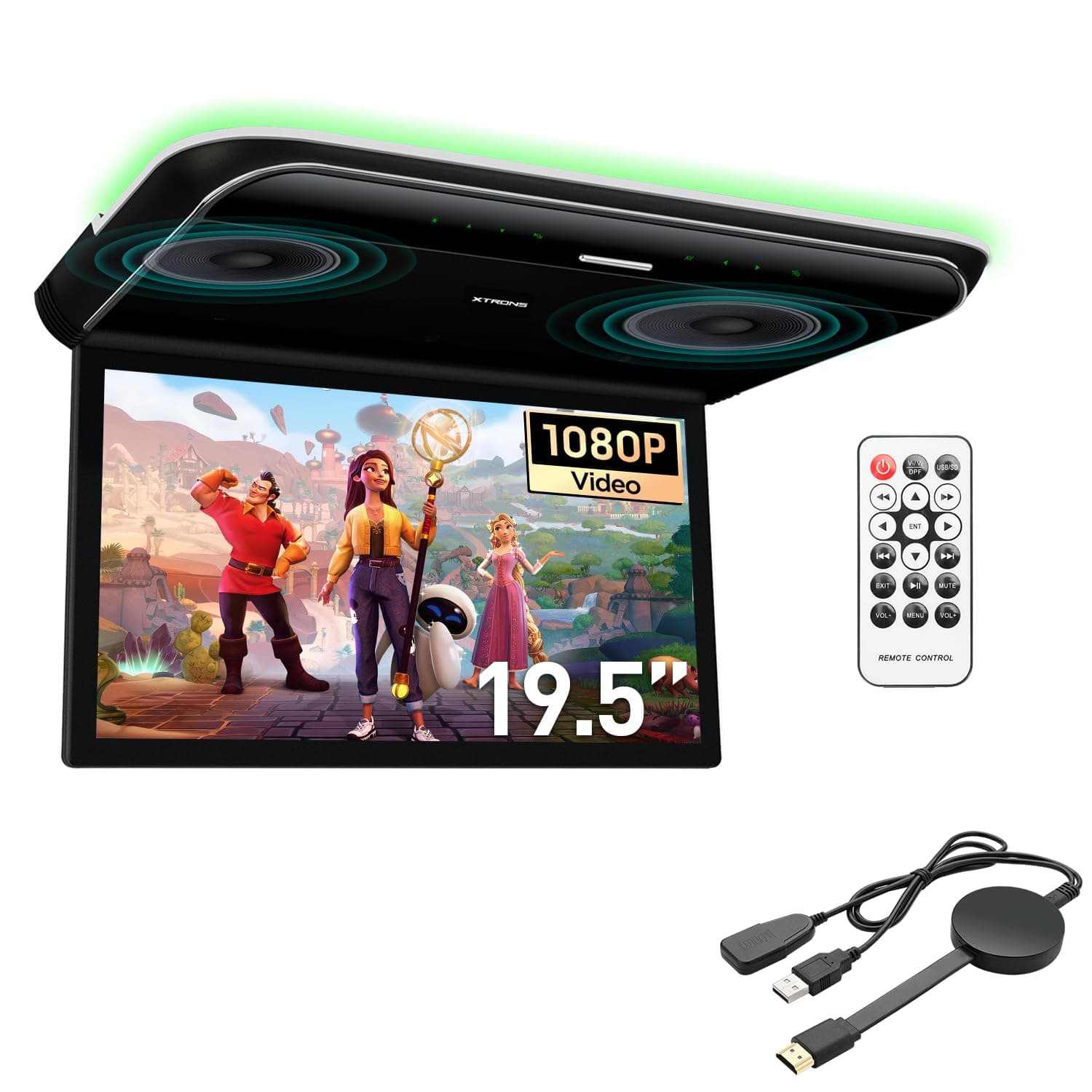 XTRONS 19.5“ HD Digital TFT 16:9 Screen Car Overhead Video Ultra-Thin Car Roof Mounted Player with Built-in HDMI/AV/USB Speakers and Colourful Aura Light with 1pcs Wireless Dongle