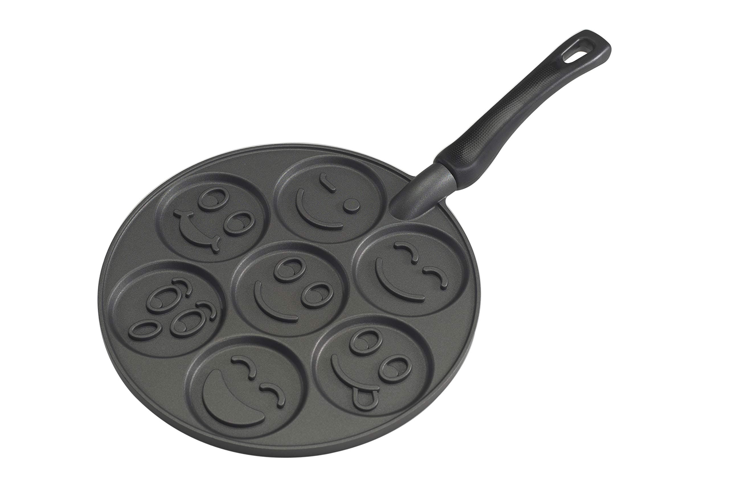 Smiley Face Pancake Pan, Cast-Aluminium Frying Pan, Pan for 7 Pancakes, Mini Pancake Maker - Black, 10 1/2 inch diameter