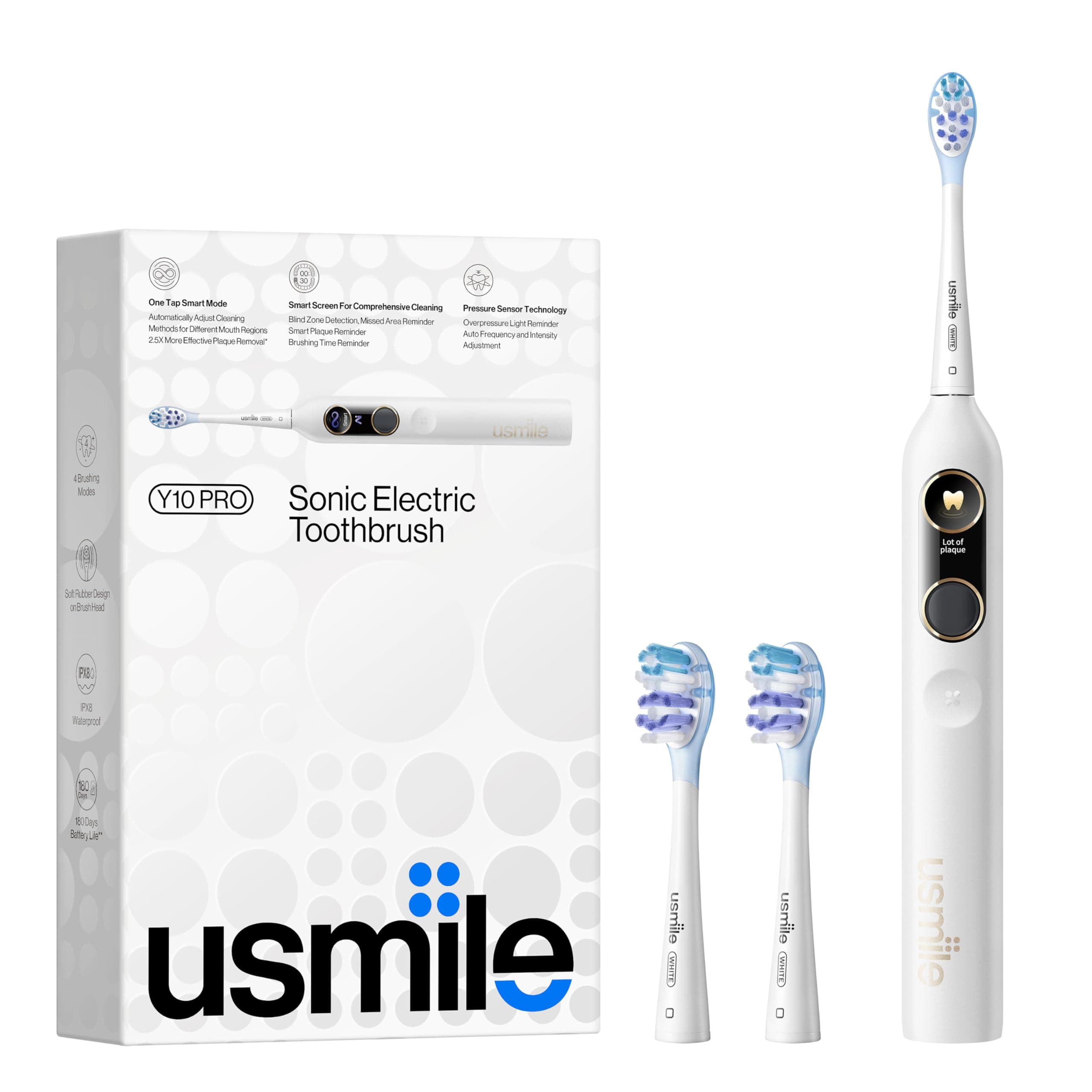 usmile Y10 PRO Electric Toothbrush with Smart Screen, 4 Cleaning Modes, Smart Sonic Toothbrush with Timer and Pressure Control, One Charge Last 180 Days, White