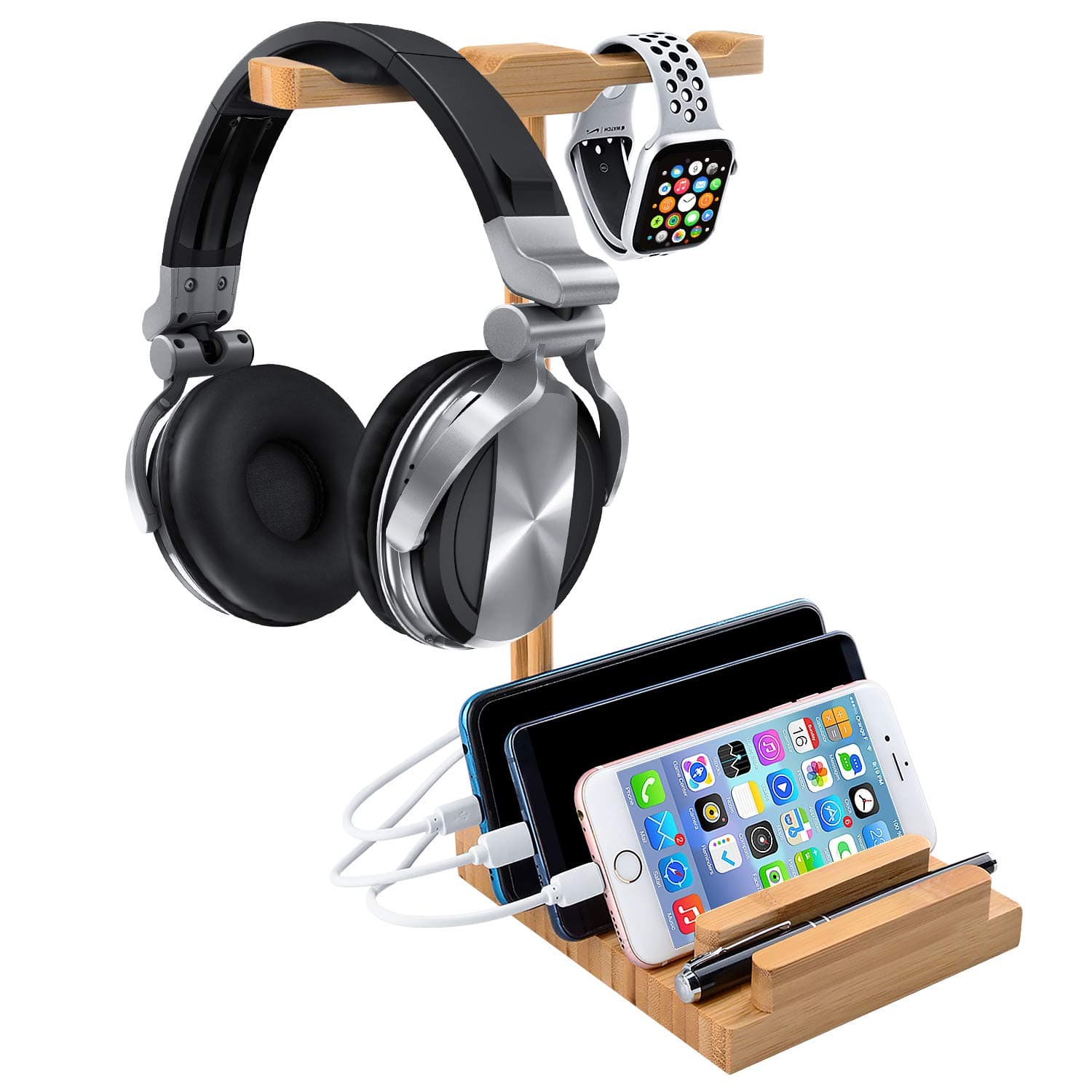 Bamboo Charging Station with Dual Hanger for Desktop Gaming Headset or Apple Watch. 3 Pcs Different Version Charging Cable Included.