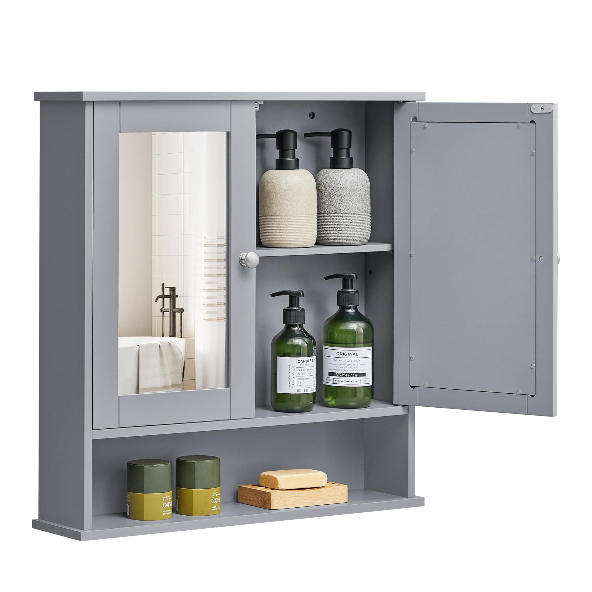Bathroom Cabinet with Mirror, Wall Cabinet with 2 Mirrored Doors, Adjustable Shelf, Open Compartment, Wall-Mounted, 5.1 x 22.2 x 23 Inches, Dove Gray ULHC002G02