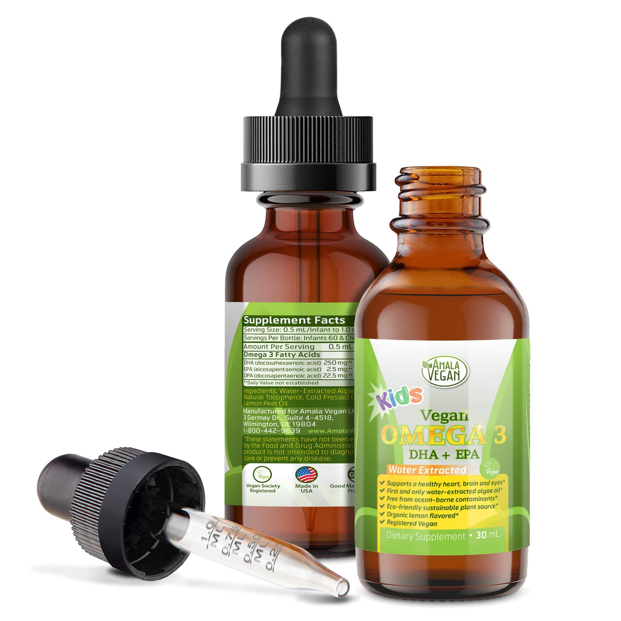 Omega 3 for Kids - Organic Lemon, Vegan, Liquid Supplement - Kids Fish Oil with DHA, EPA, DPA Fatty Acids - Plant Based Algae Oil - Immune, Heart, Brain Health for Children- 30-60 Doses