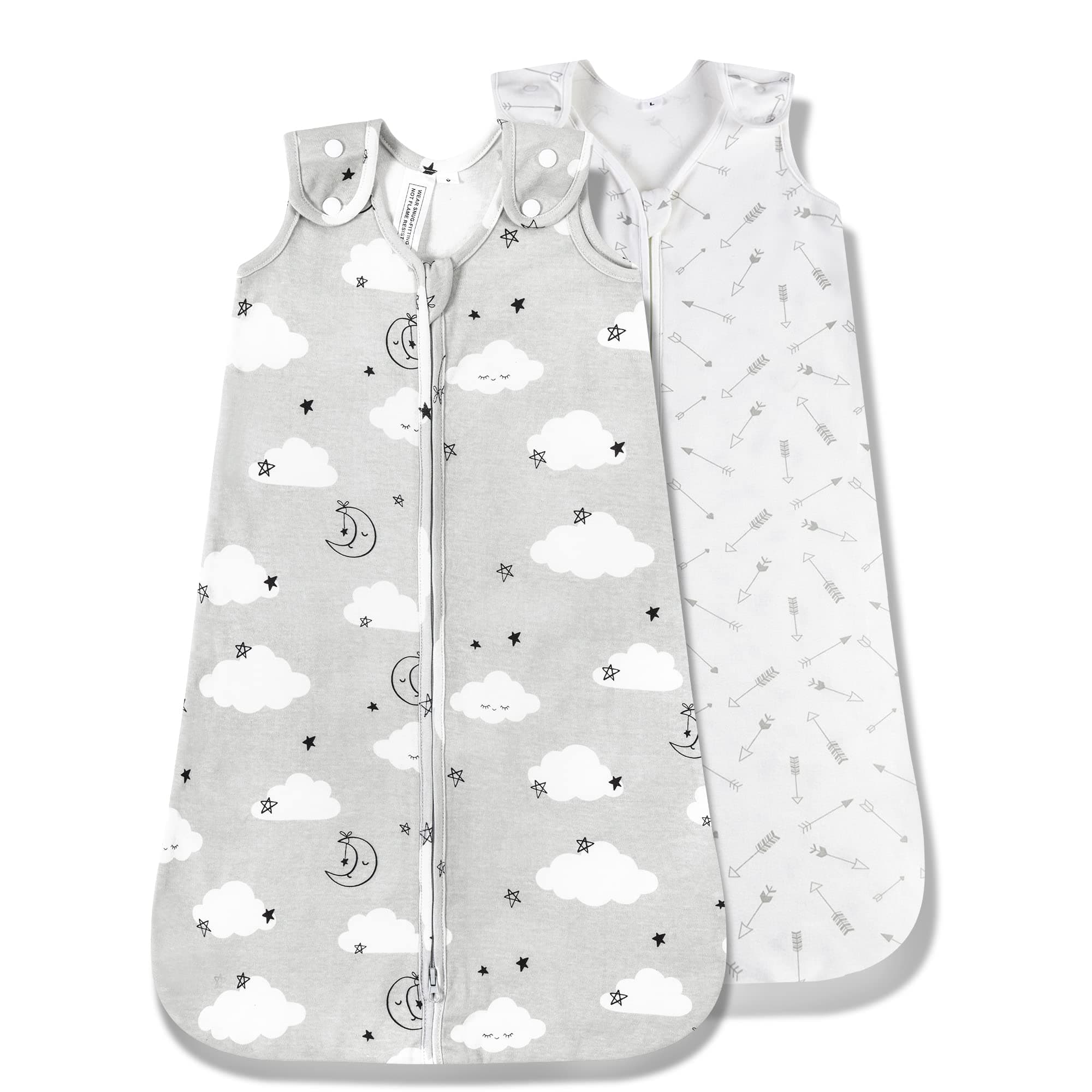 TILLYOU Cotton Sleep Sack 2 Pack - TOG 1 Baby Wearable Blanket with 2-Way Zipper, Extra Soft Sleeveless Sleeping Bag for Infants, 6-12 Months, Grey Cloud & Gray Arrow