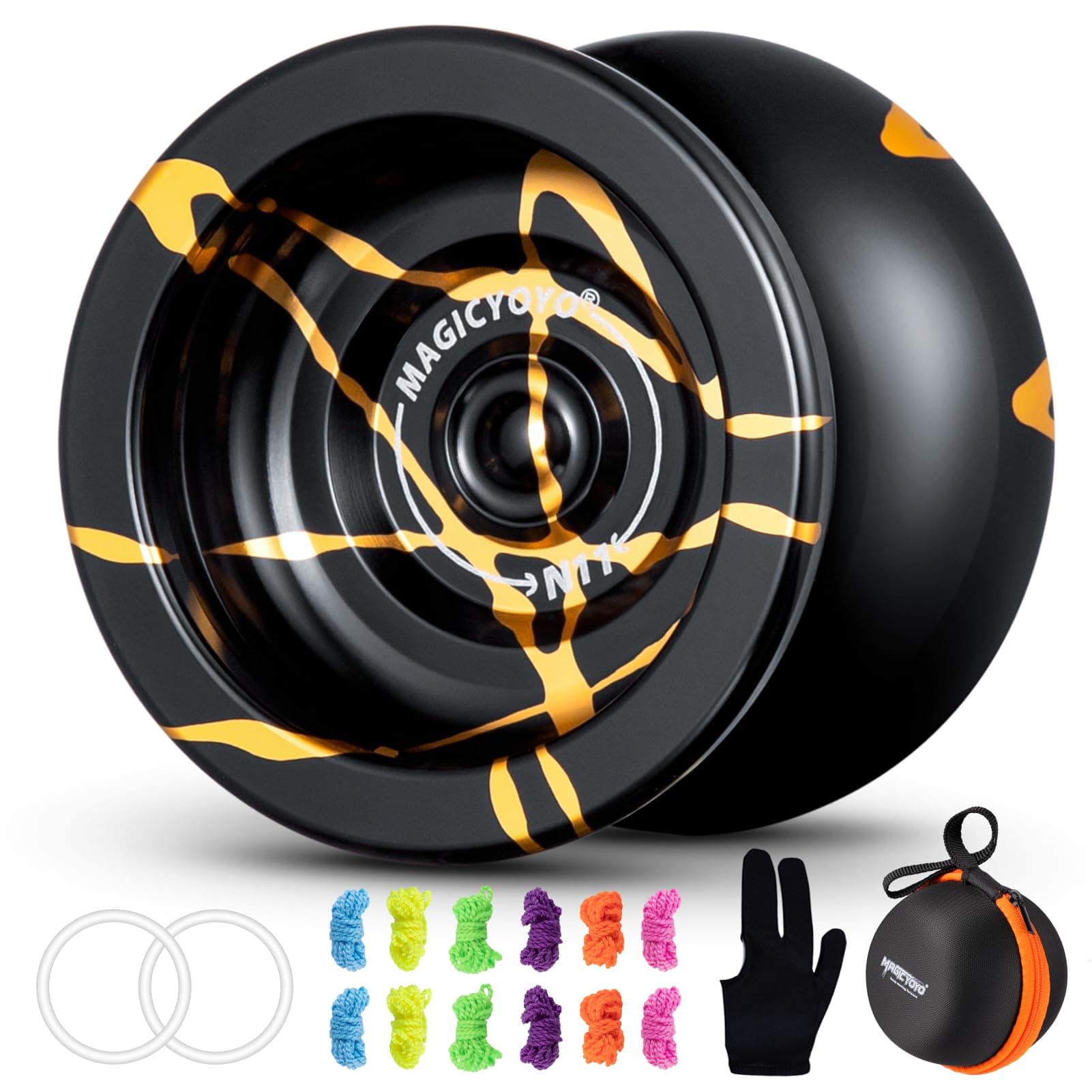 YOSTAR N11 Professional Yoyo for Adults, Pro Unresponsive Yoyo for Boys, Stunt Trick Yo Yo for All Skills, Metal Yo-yo Toy with 12 Strings, 2 Weighting Rings, Glove, Case (Black Gold)