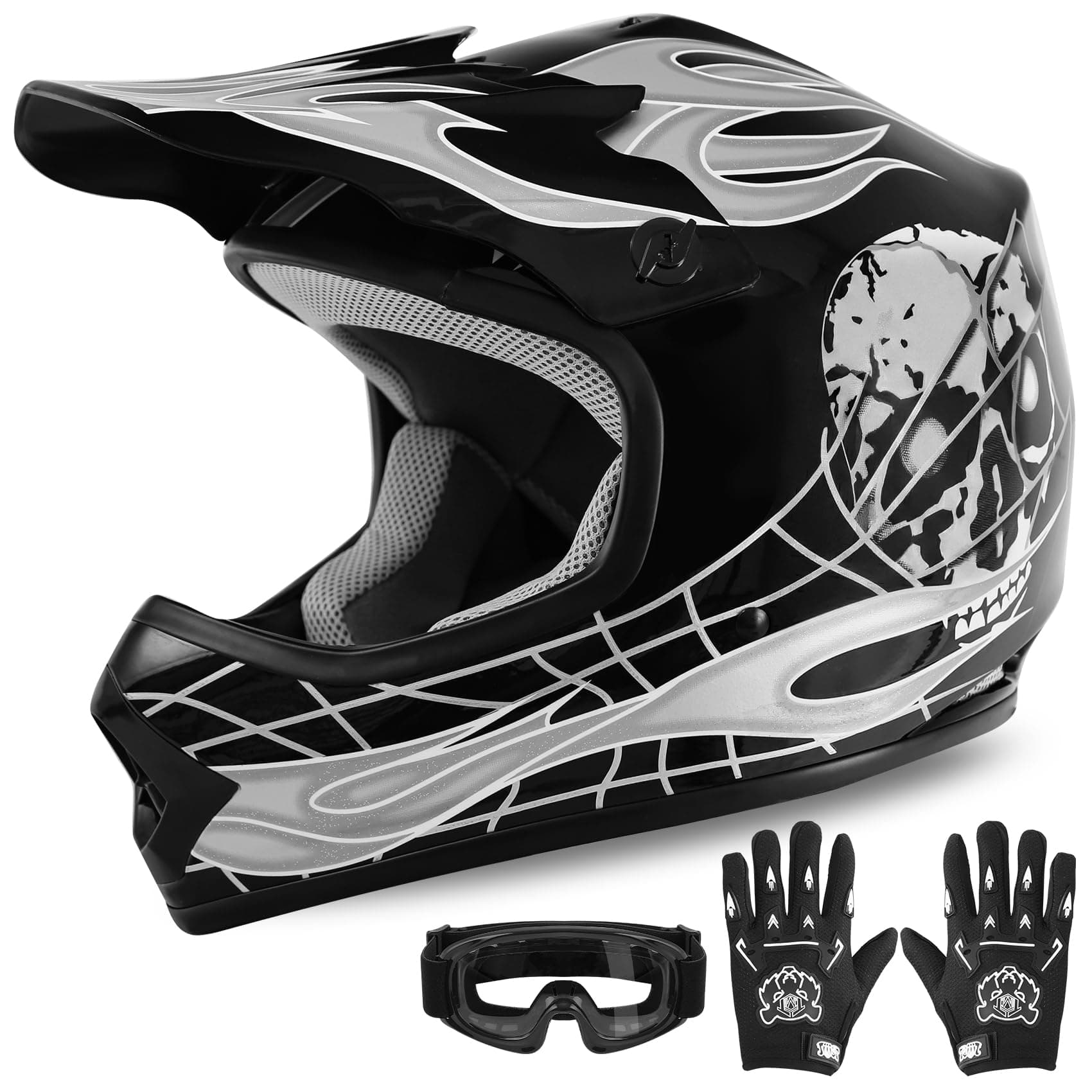 XFMT DOT Youth Kids Dirt Bike Helmet Full Face Motocross Helmets for Off-Road ATV Street Bike Four Wheeler Motorcycle with Goggles & Gloves, Black Skull Small