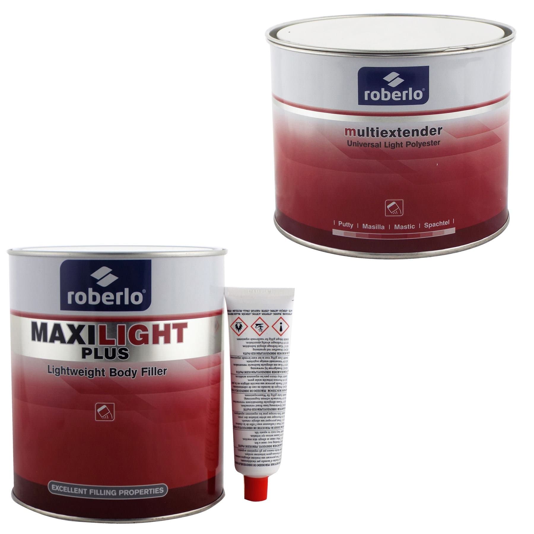 Maxilight 3 Litre Roberlo Plus Lightweight Car Body Polyester Filler & 1.5ltr Roberlo Multiextender Finishing Stopper