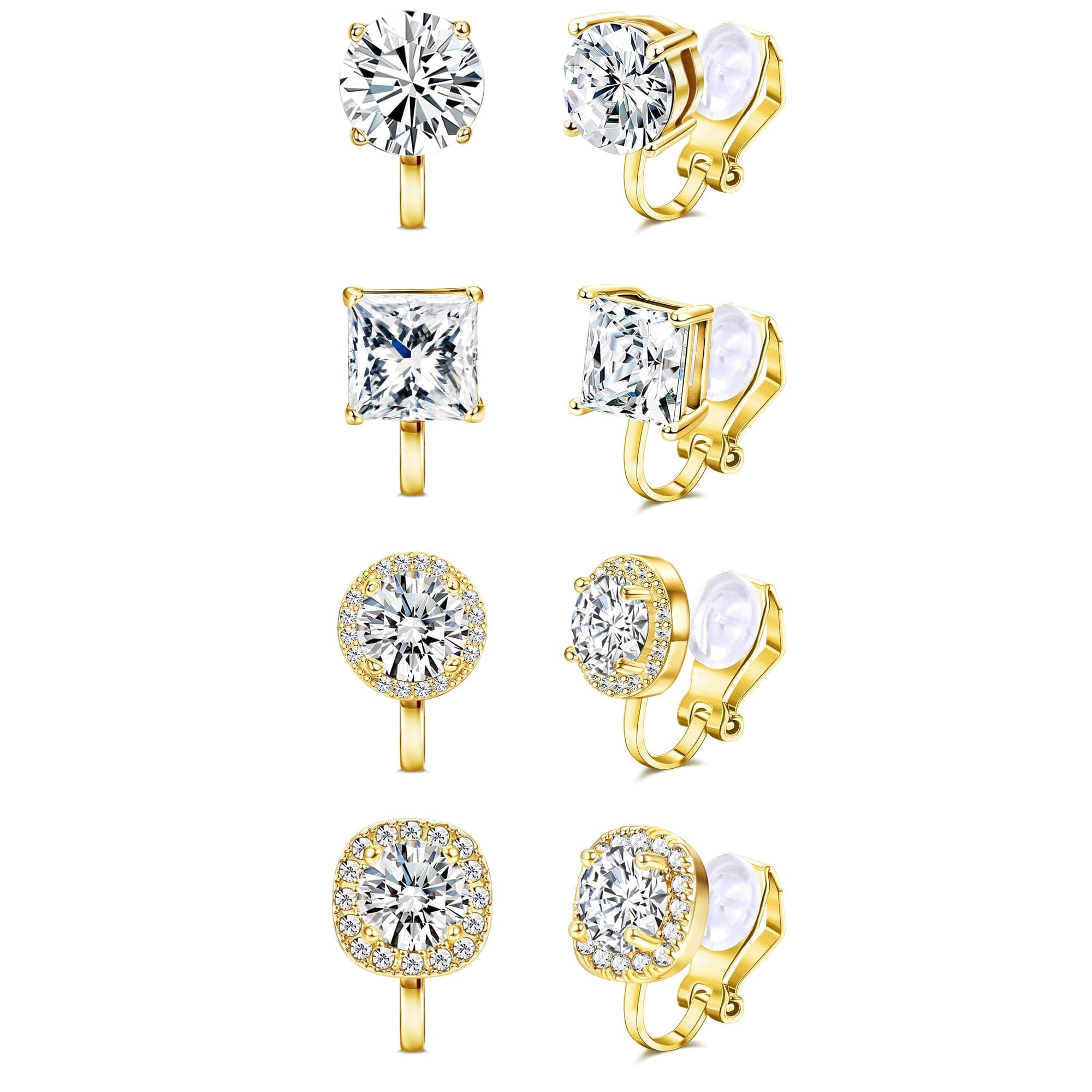 Cubic Zirconia Clip on Earrings - Women Hypoallergenic Comfortable Non Pierced Stud Earrings for Wedding and Dance Competitions, Clip-on Earrings Silver Gold