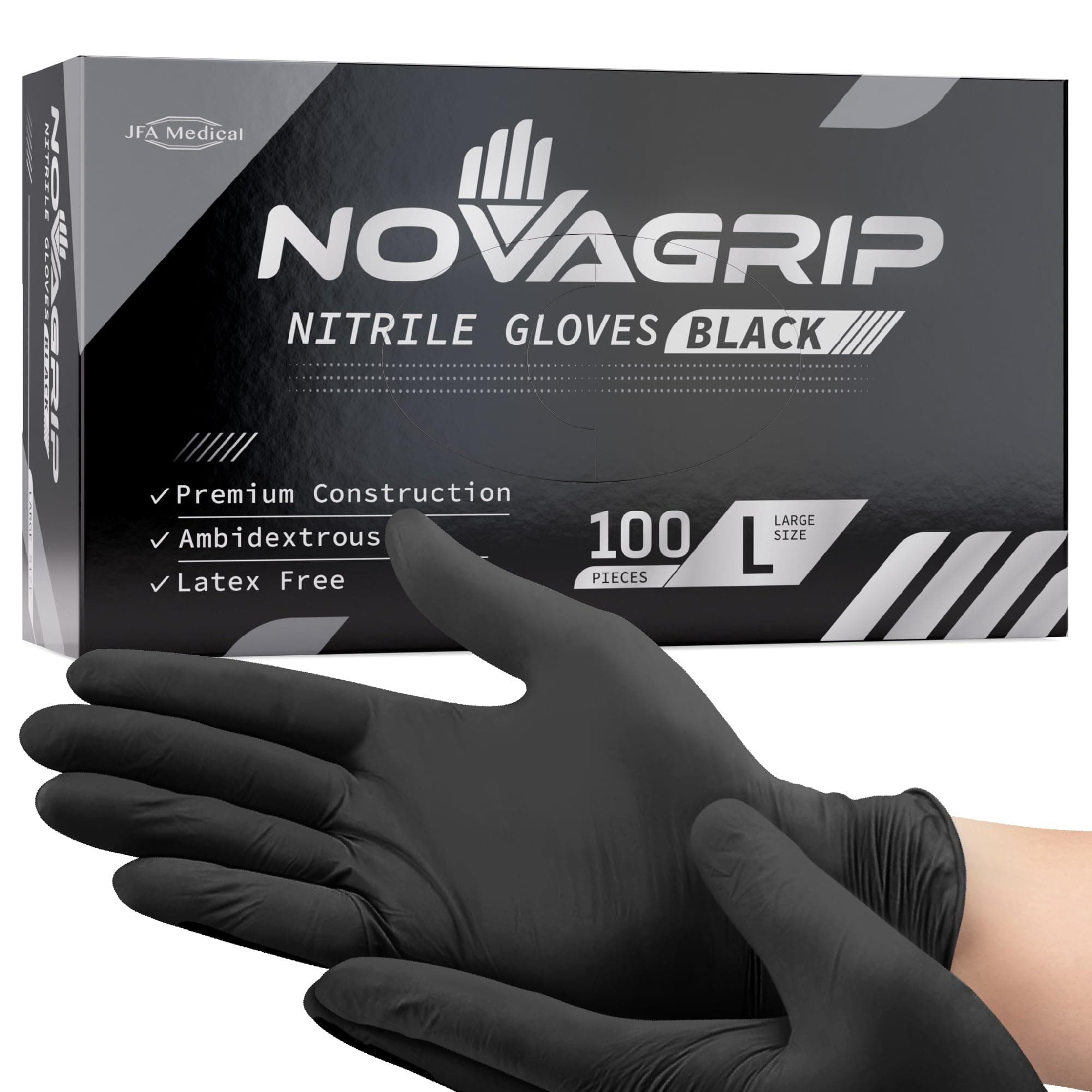 JFA Medical Mechanic, Disposable Powder Free Latex Free Black Nitrile Gloves - Box of 100 (Large)