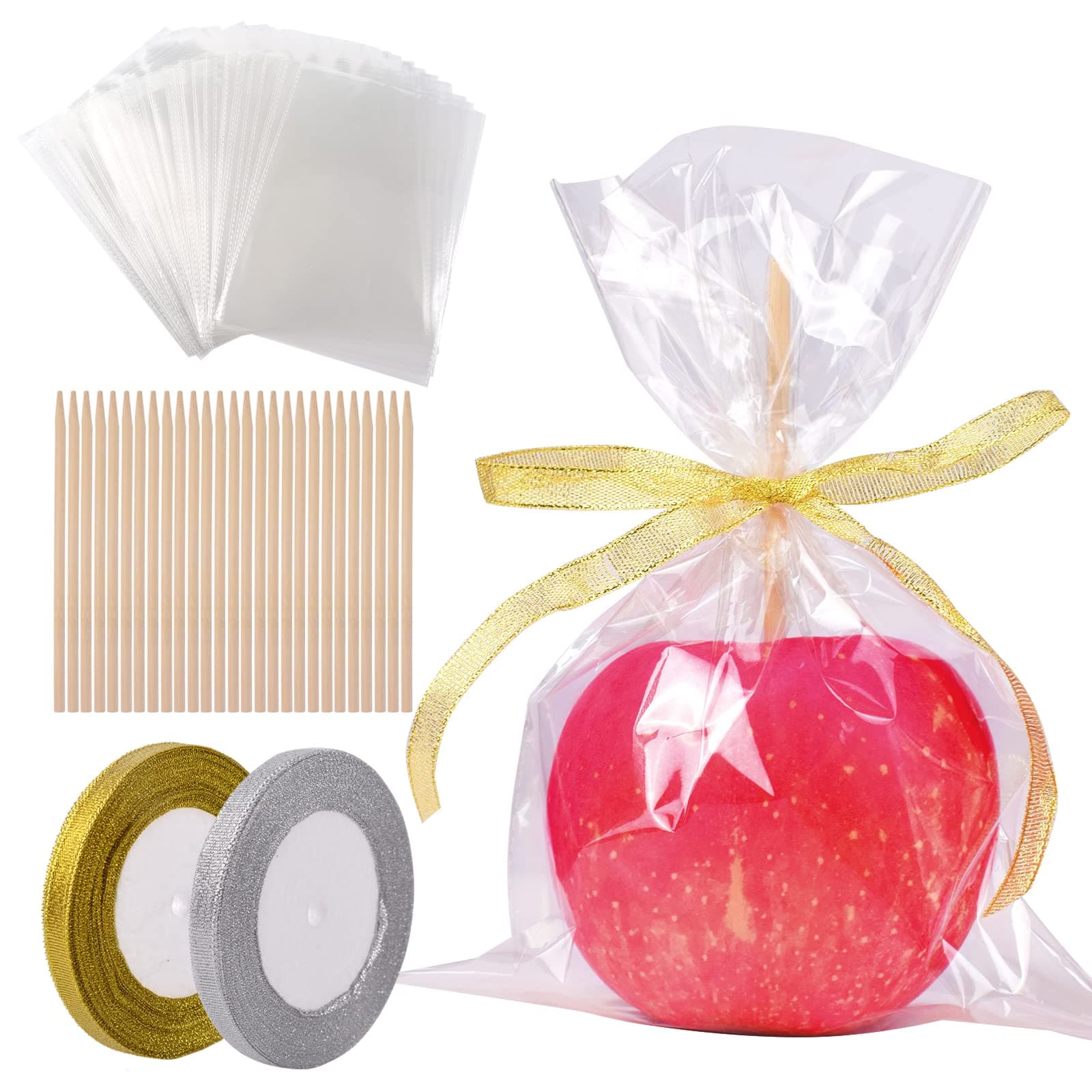 122 Pcs Candy Apple Kit Supplies,60 Pcs Candy Apple Bags,60 Pcs Apple Bamboo Sticks with Gold and Sliver Glitter Ribbon for Halloween Birthdays Party Homemade Fruit