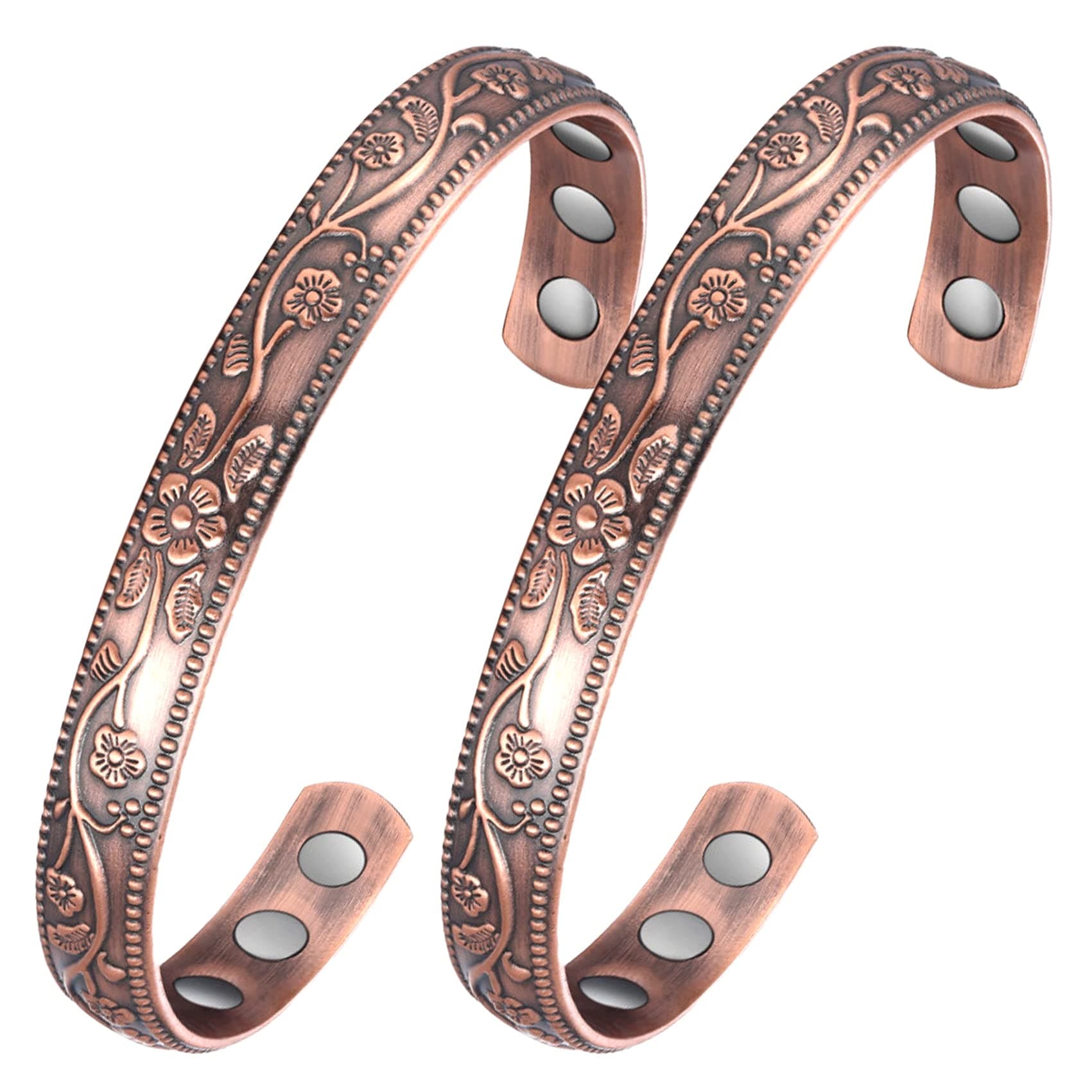 Jecanori 2Pcs Magnetic Copper Bracelets for Women, Vintage Flower 99.99% Pure Copper Bracelets with 3500 Gauss Magnets, Adjustable Cuff Jewelry with Gift Box