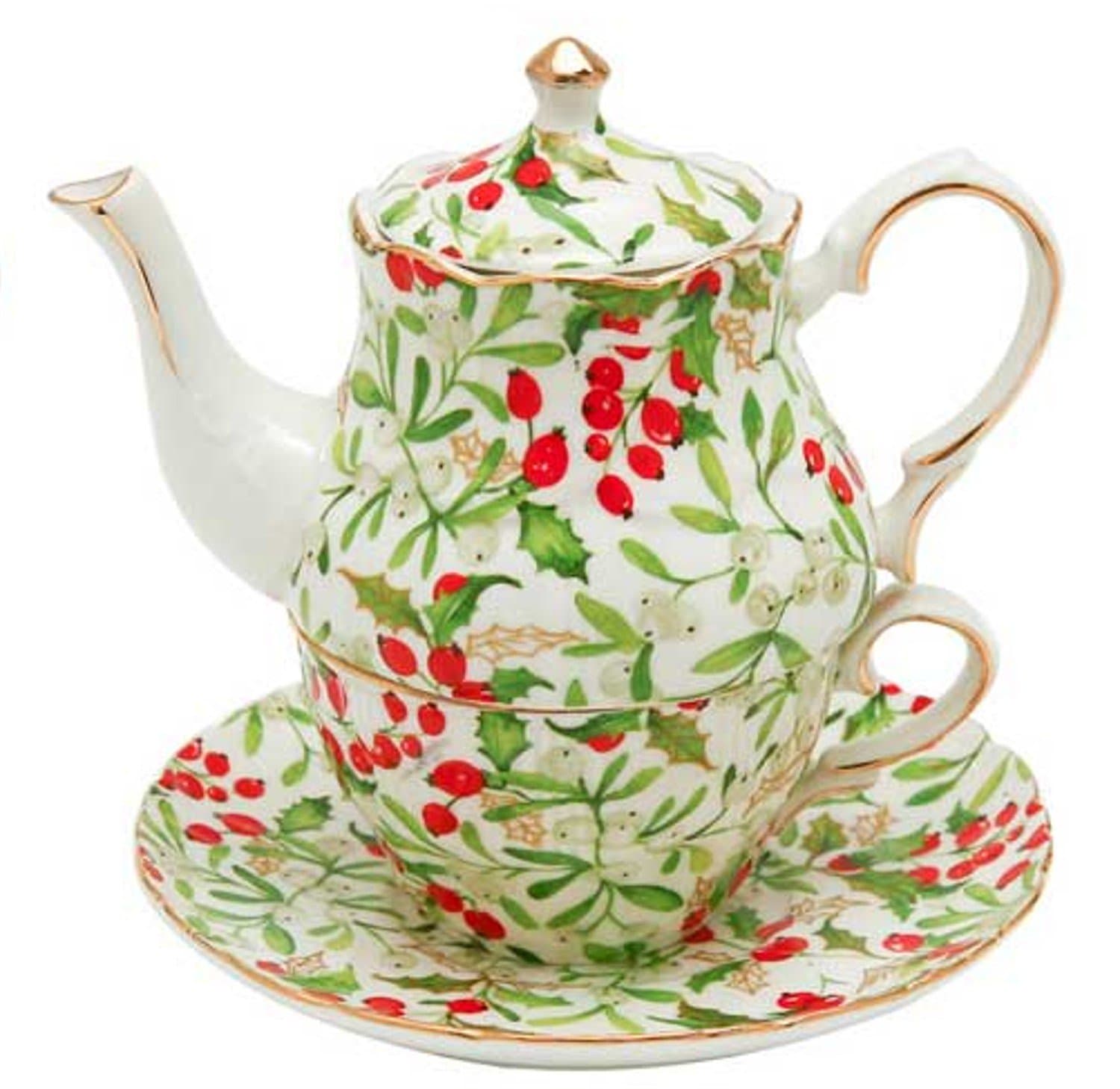 Holly Berry Design Tea for 1, Teapot with Lid, Cup and Saucer