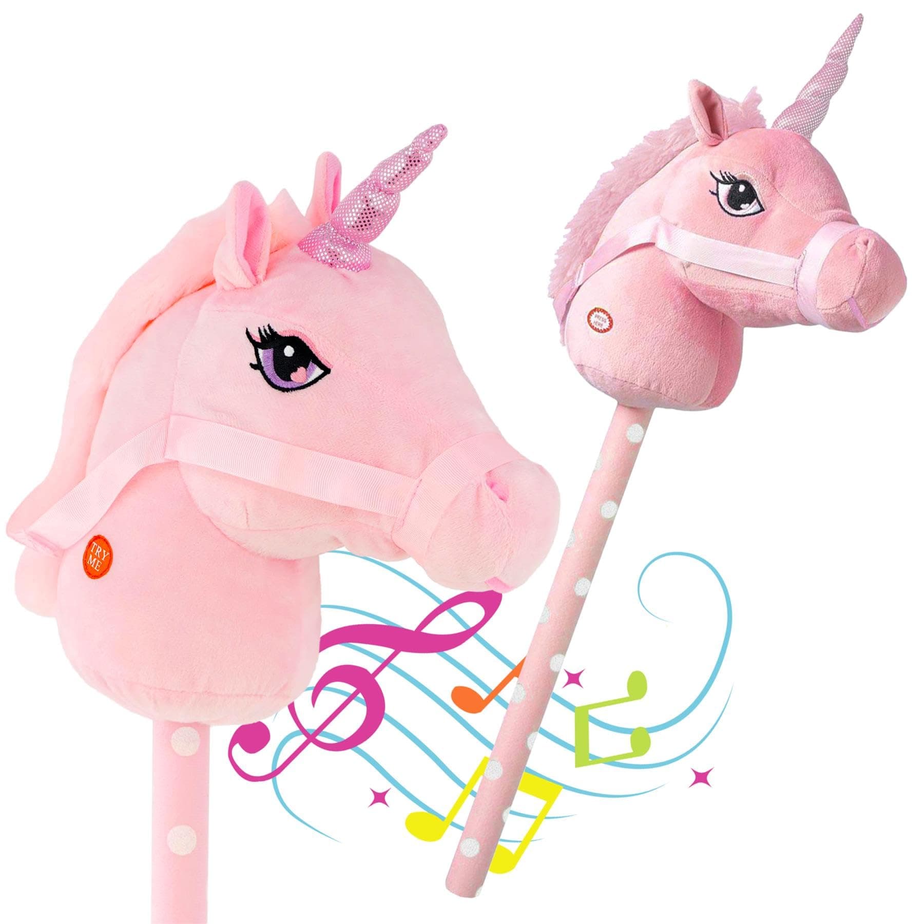 Pink Unicorn Hobby Horse on a Stick with Galloping and Neighing Sounds for Kids - Soft Handle, Holding Strap, Ride on Unicorn Plush Soft Toy for Girls and Boys
