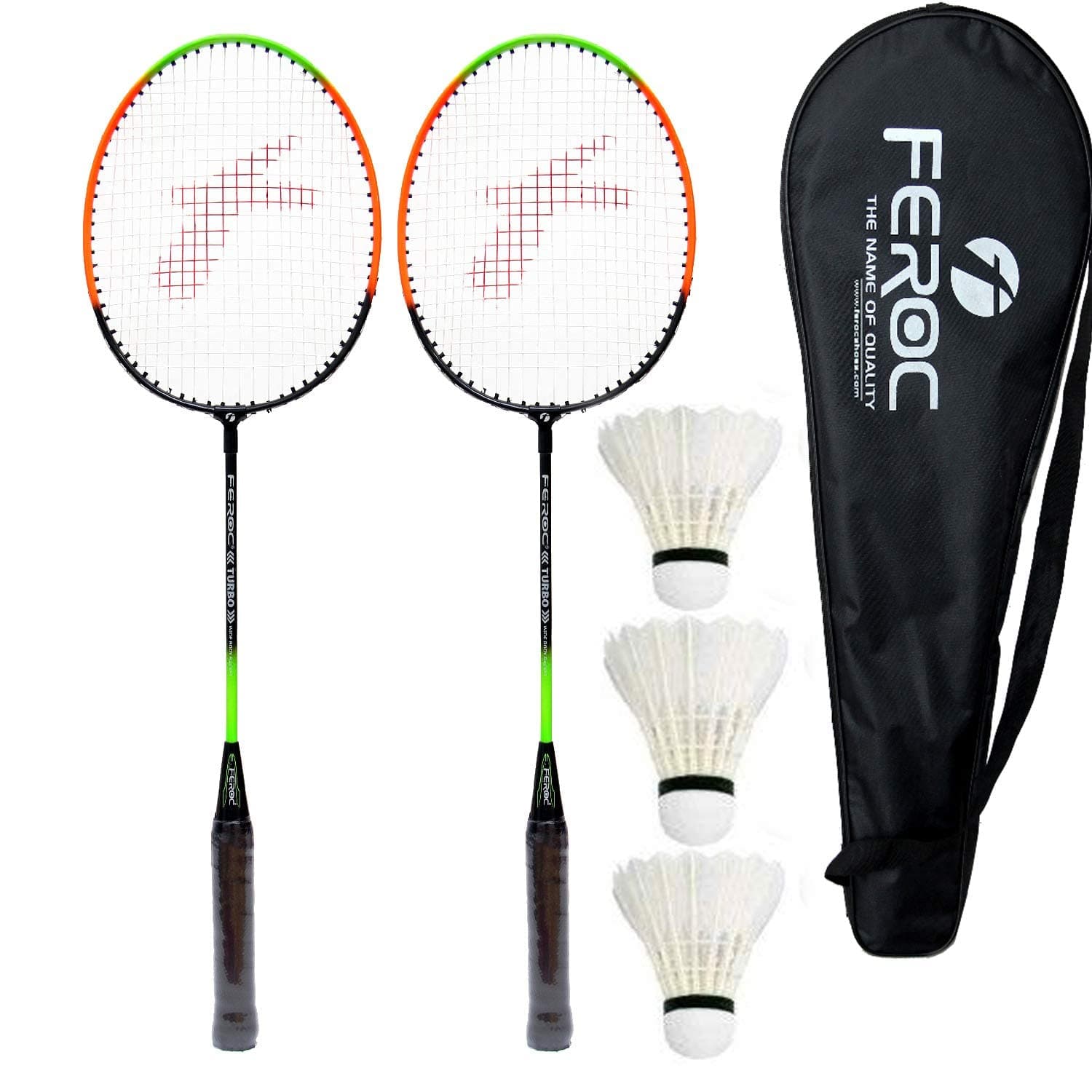 Feroc 440 Aluminum Set of 2 Badminton Racket with 3 Pieces Feather shuttles with Full Cover Fulfilled by Amazon., White