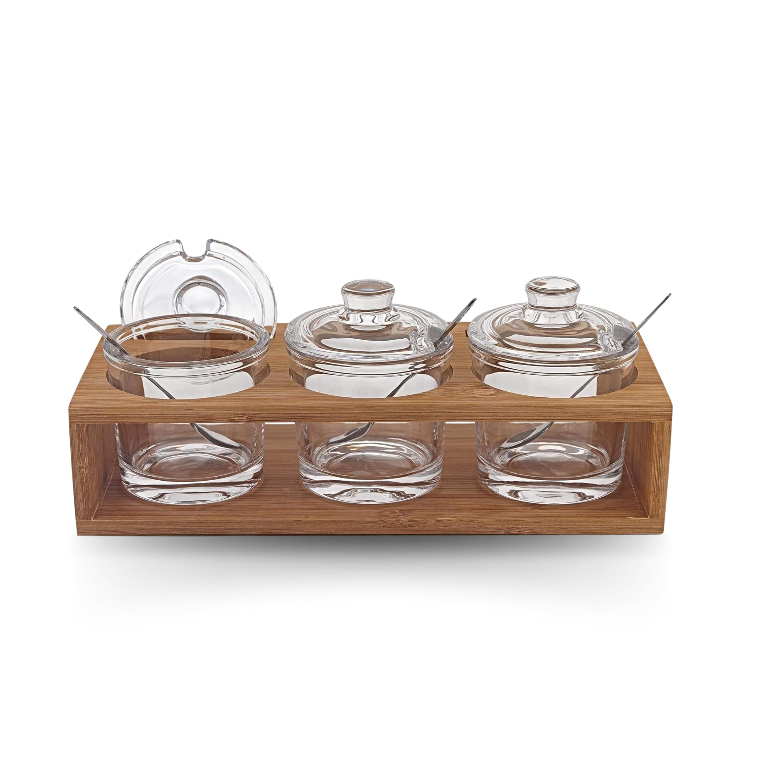 Badash Crystal Glass Jar Set - 10-Piece Glass Jars with Lids, Spoons, and Wood Stand for Jam, Honey, Spice, or Condiments - Ideal for Salad Dressing & Sauce