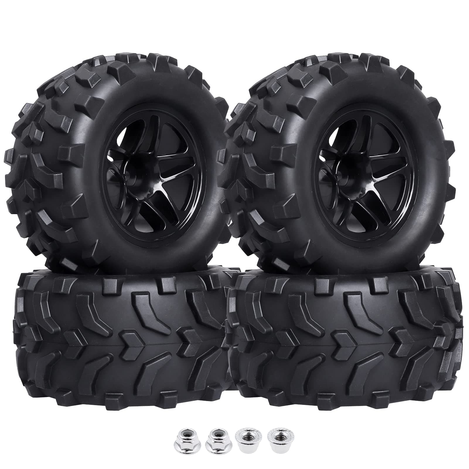 4-Pack RC Truck 2.8" Tires & Wheels Rims with Foam Inserts, 12mm Hex Hub for 1/10 Electric/Nitro Off Road Monster Truck, 4x Rubber Tires and Wheel Rims, 4x M4 Lock Nuts, Kids (Ages 3+)