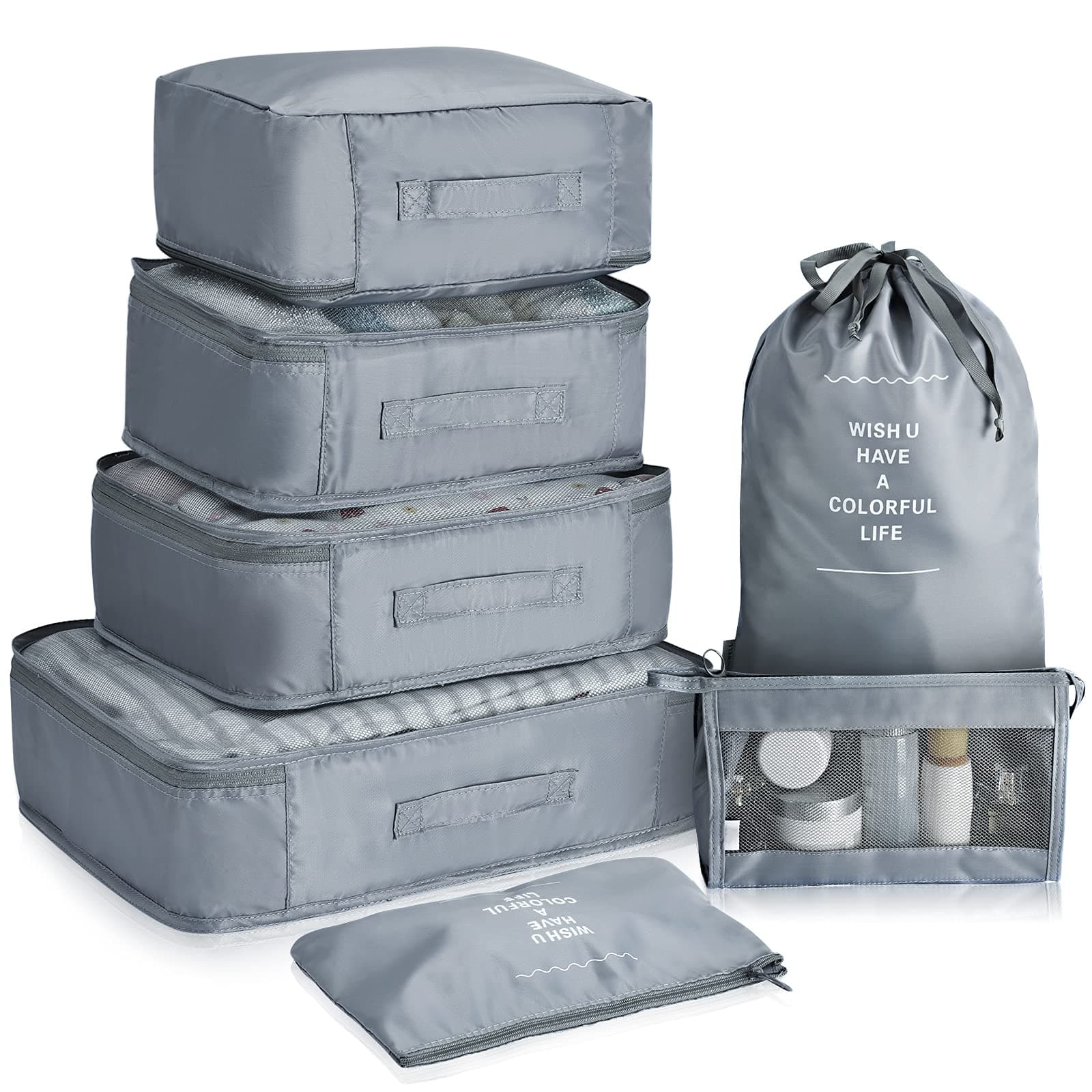 VAGREEZ Packing Cubes 7 Pcs Travel Luggage Packing Organizers Set with Laundry Bag, Grey, Large