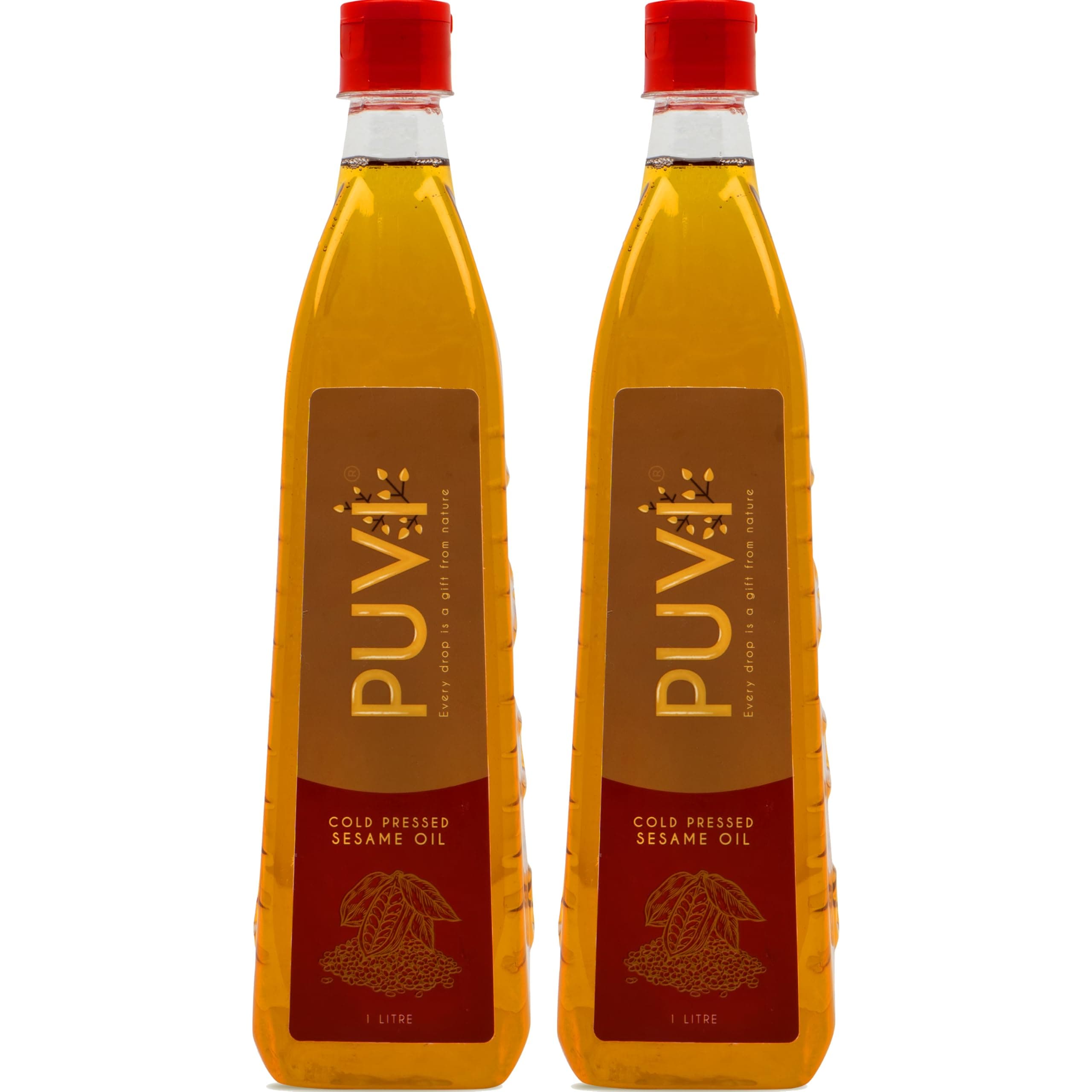 Puvi 2L Cold Pressed Gingelly/Sesame Oil (Virgin, Chekku/Ghani) - (1 Litre * Pack of 2)