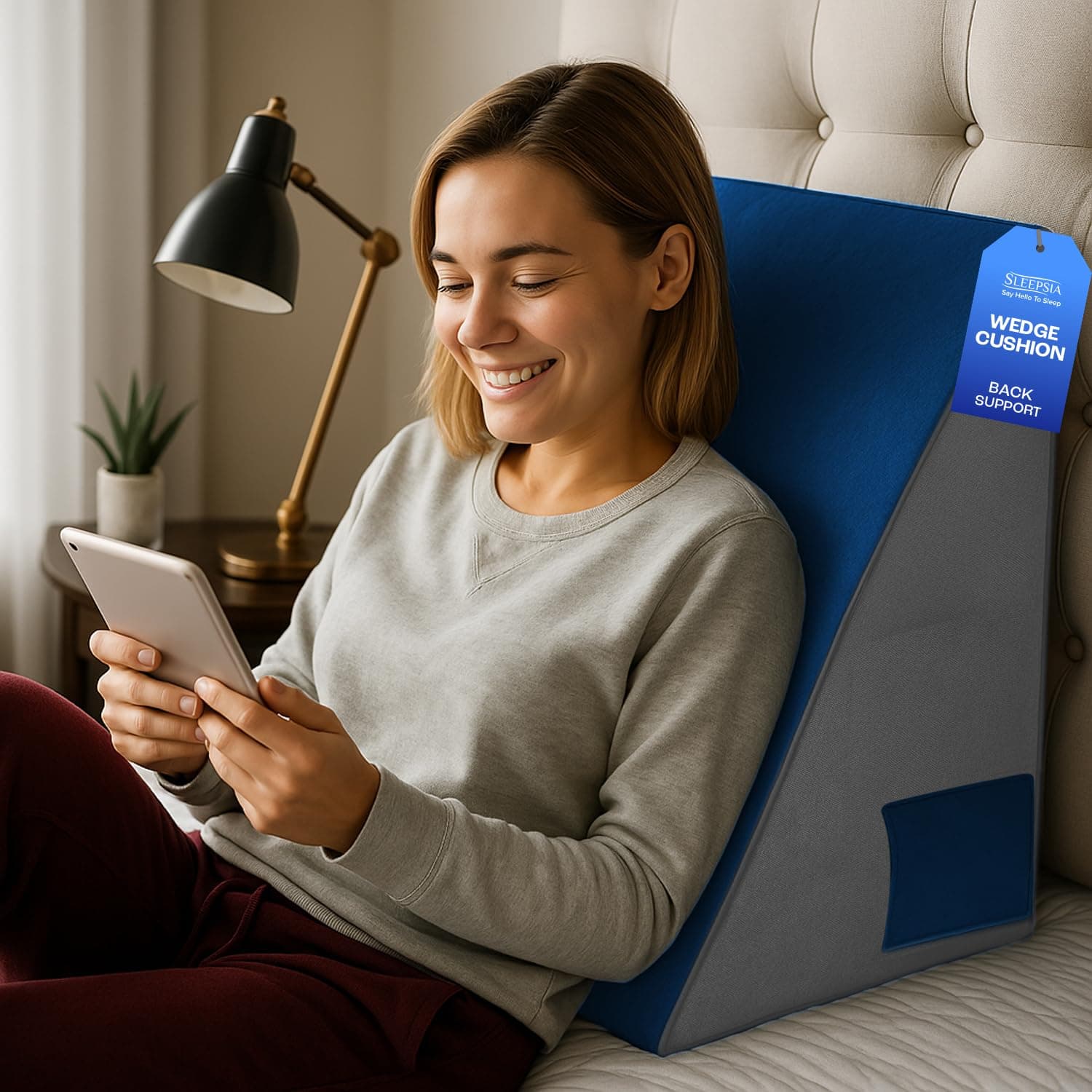 Sleepsia Wedge Cushion | 1 Year Warranty | Wedge Pillows for Bed, Orthopedic Memory Foam Back Support Pillow for Bed | Acid Reflux, Pregnancy, GERD, Back & Leg Support- Grey/Blue, 20" Lx17.4 Wx10 H