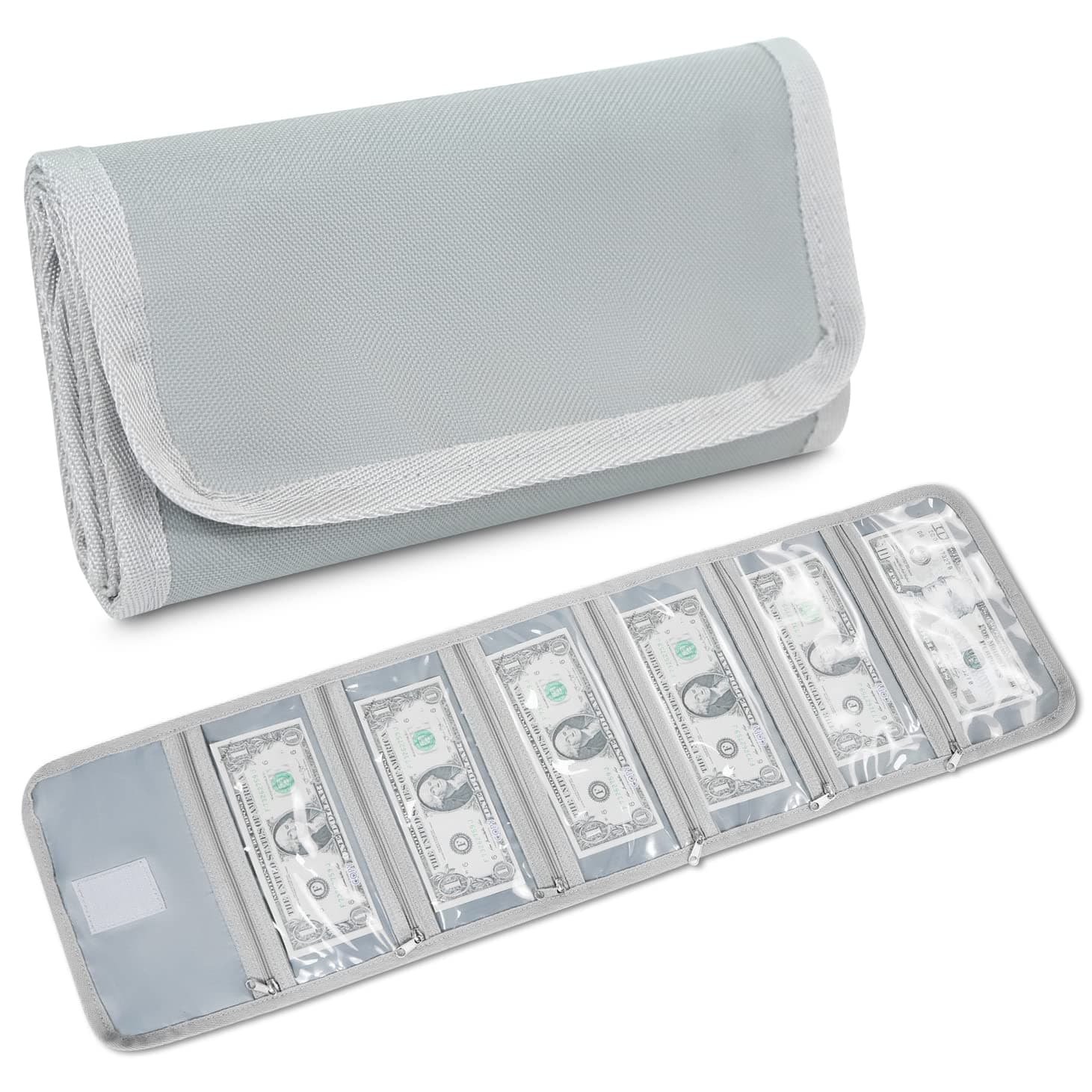 Multipack Money Pouch - 6 Zippered Pocket Cash Organizer, Envelope Wallet, Small Travel Money Holder for Budgeting, Receipt, Tips (Gray Green)