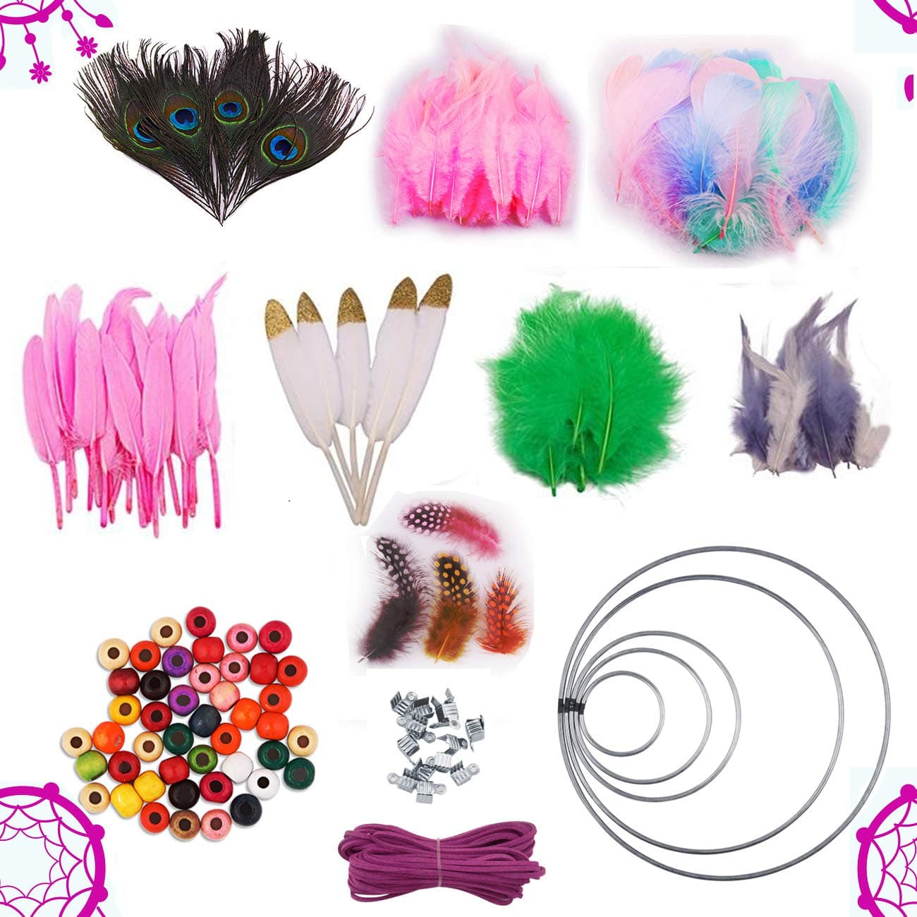 Dushi DIY Feathers Dream Catcher Craft Kits with Loop Bohmia Colorful Feathers Dangle Making Kit with String & Colorful Beads Accessories (Dream Catcher Craft kit)