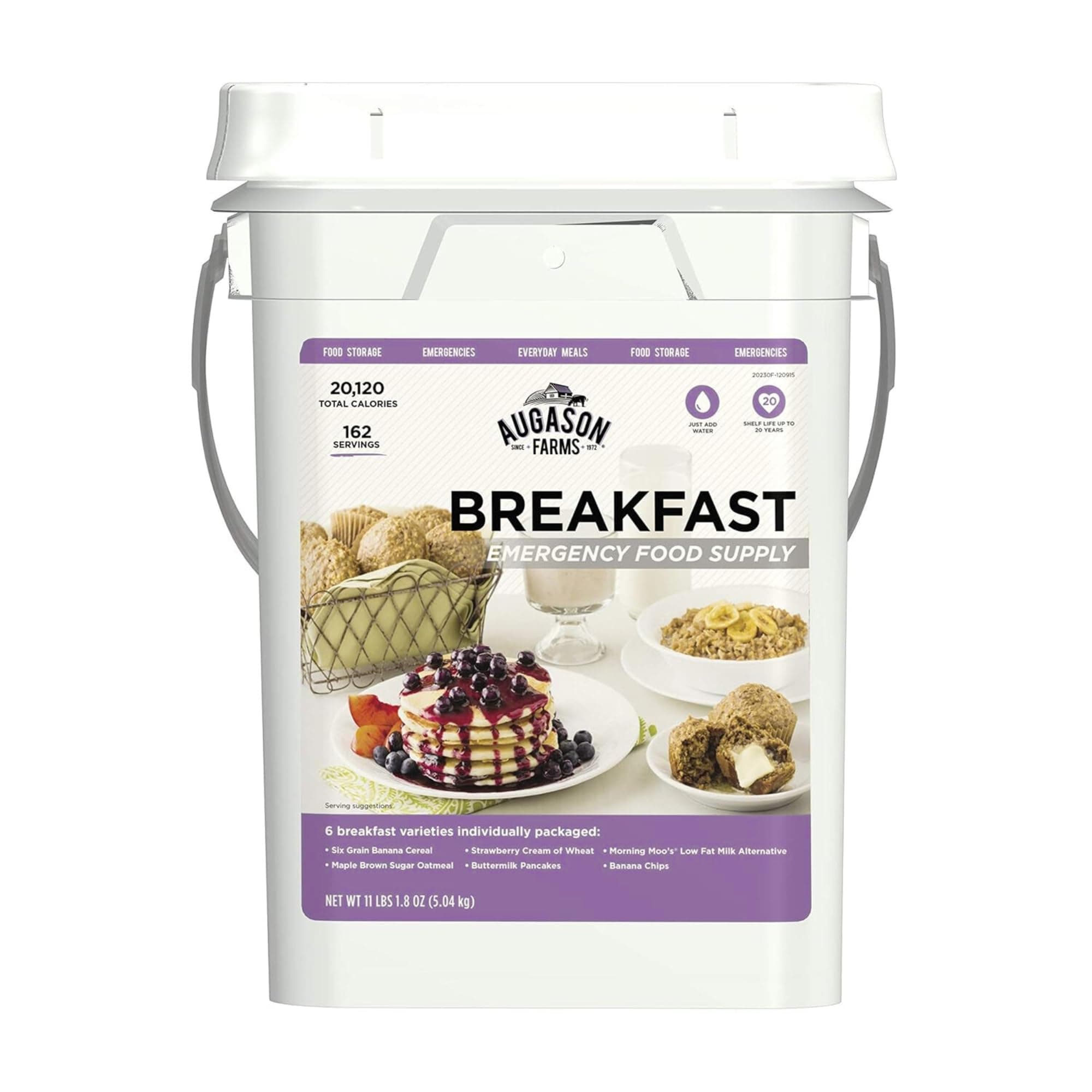 Breakfast Variety Kit Emergency Food Supply, 162 Servings, 20 Year Shelf Life, 6 Breakfast Varieties - Dehydrated Meals, Survival Food Camping Essentials, 4 Gallon Bucket