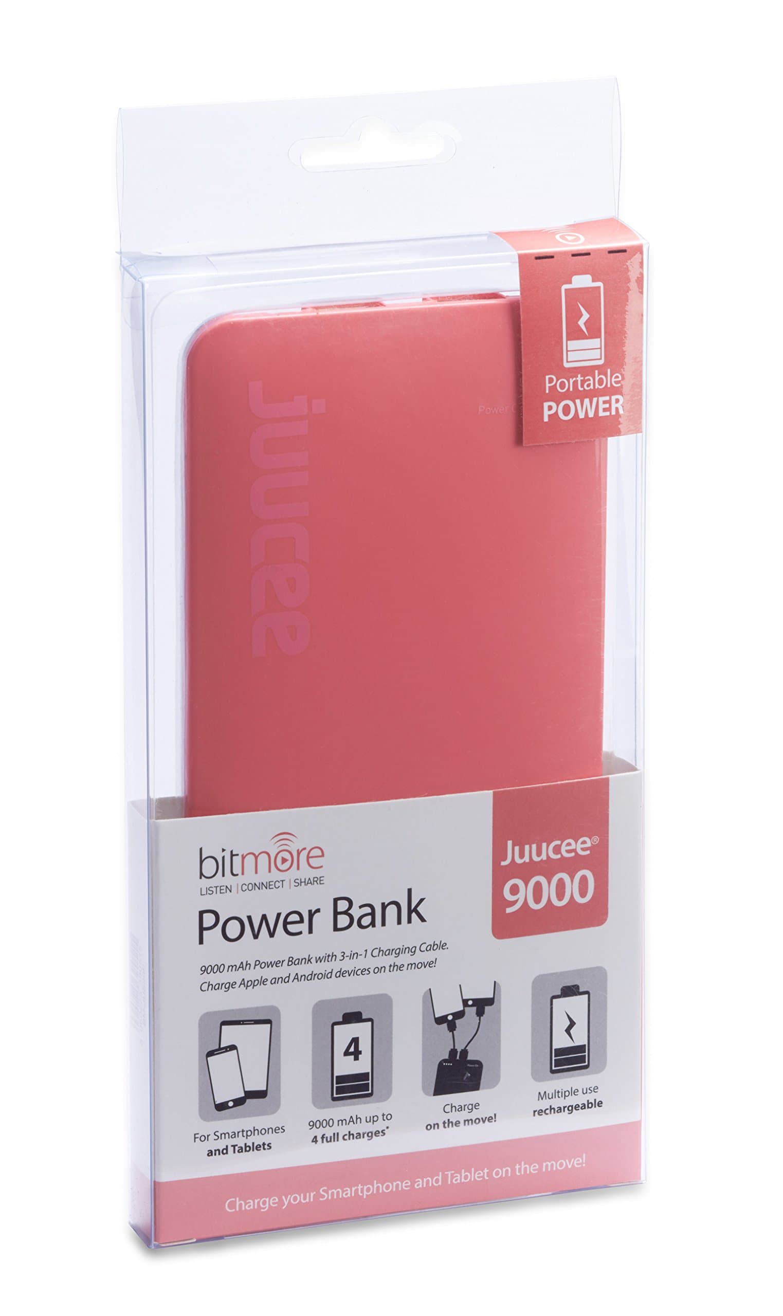 Bitmore Juucee 9000 mAh Ultra High Capacity Power Bank with 2.0 A Output for iPhone, iPad, Samsung Galaxy and More - Pink