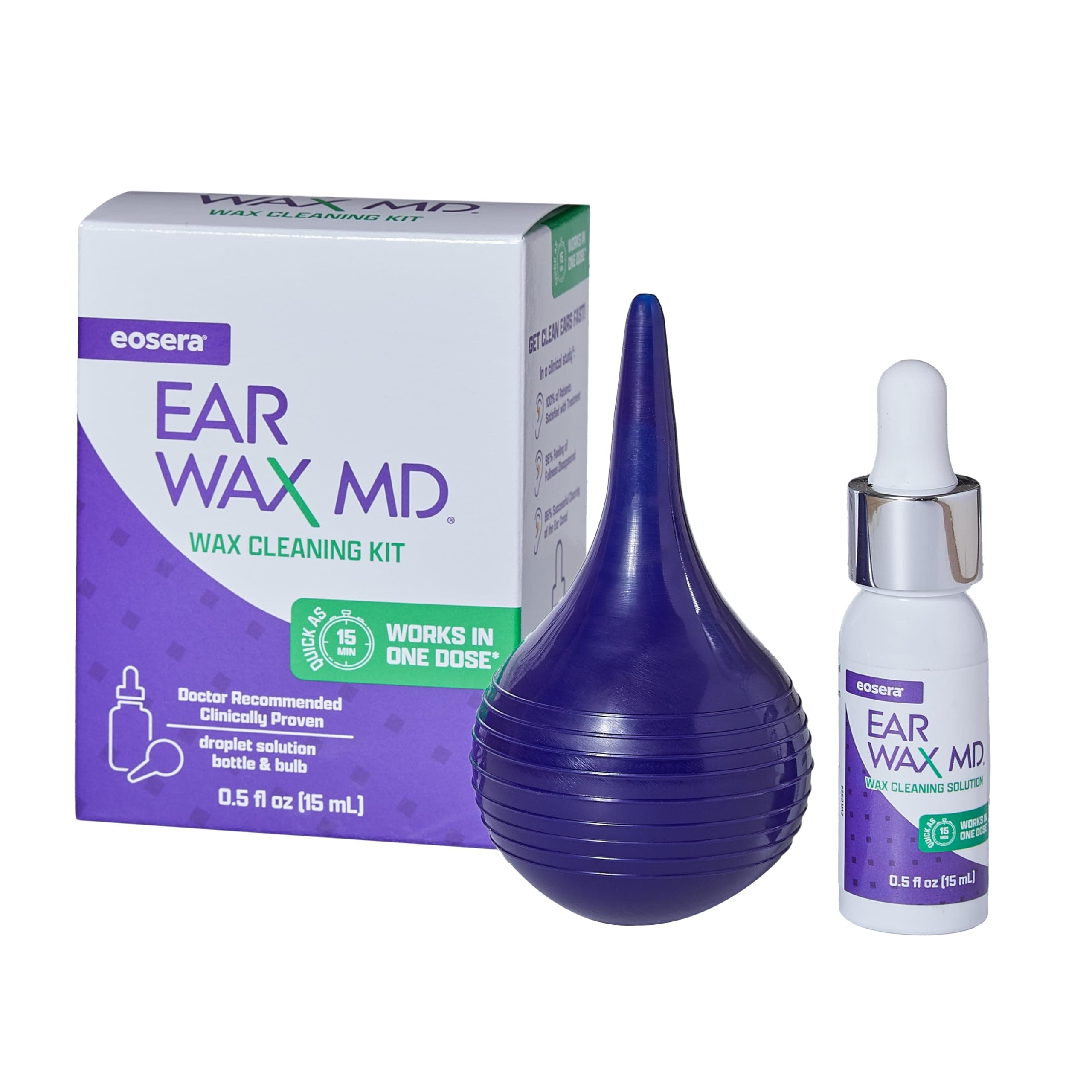 eosera Ear Wax MD Cleaning Kit - Fast-Acting Ear Wax Dissolving Drops & Rinse Bulb Syringe - Doctor Recommended, Clinically Proven Earwax Dissolver for Adults & Kids - Works in 15 Minutes - 15ml