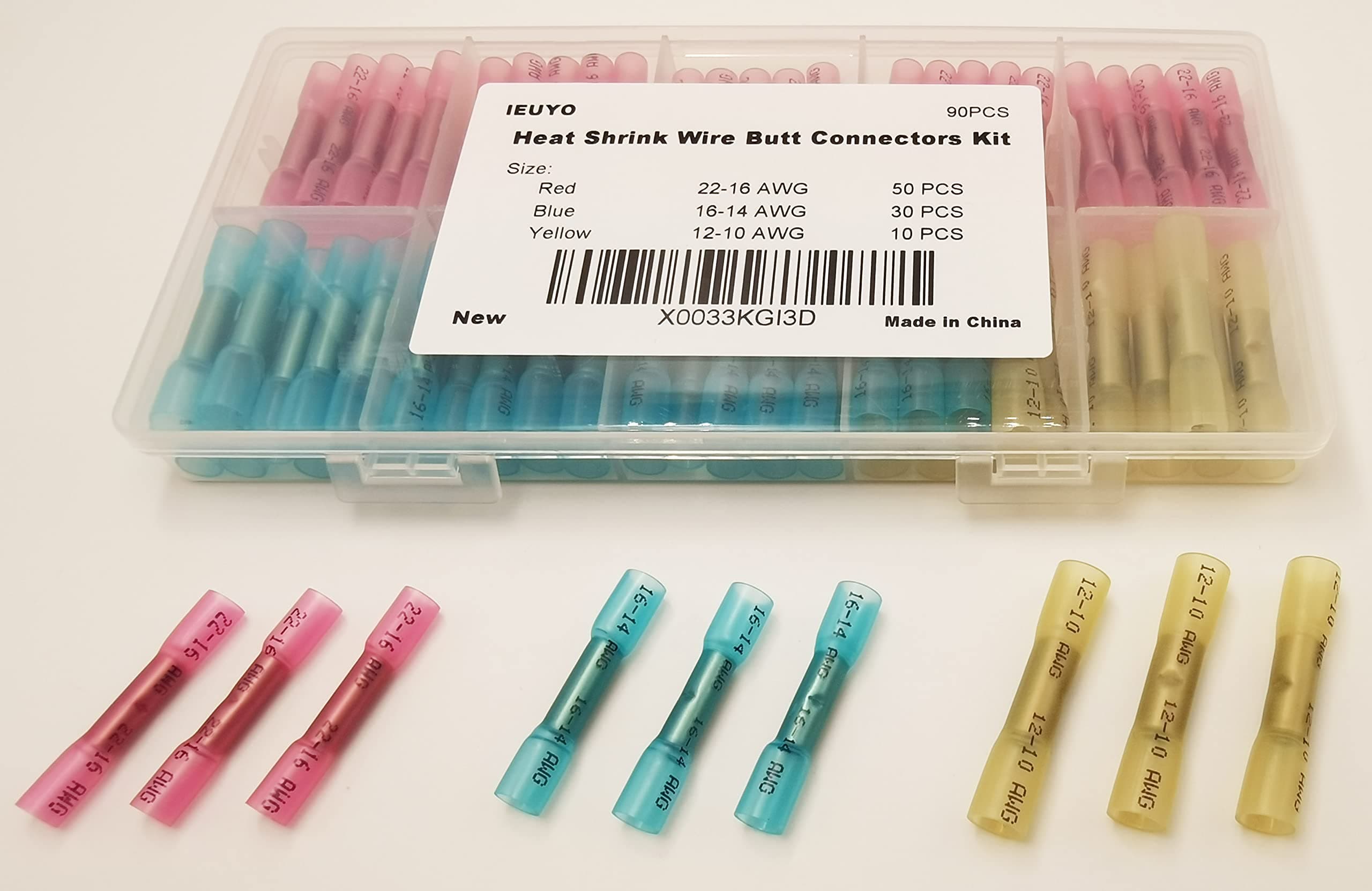 Heat Shrink Butt Connectors Kits Butt Terminals Insulated Waterproof Copper Wire Electrical Connector 12-22AWG(90PCS 3 Sizes)